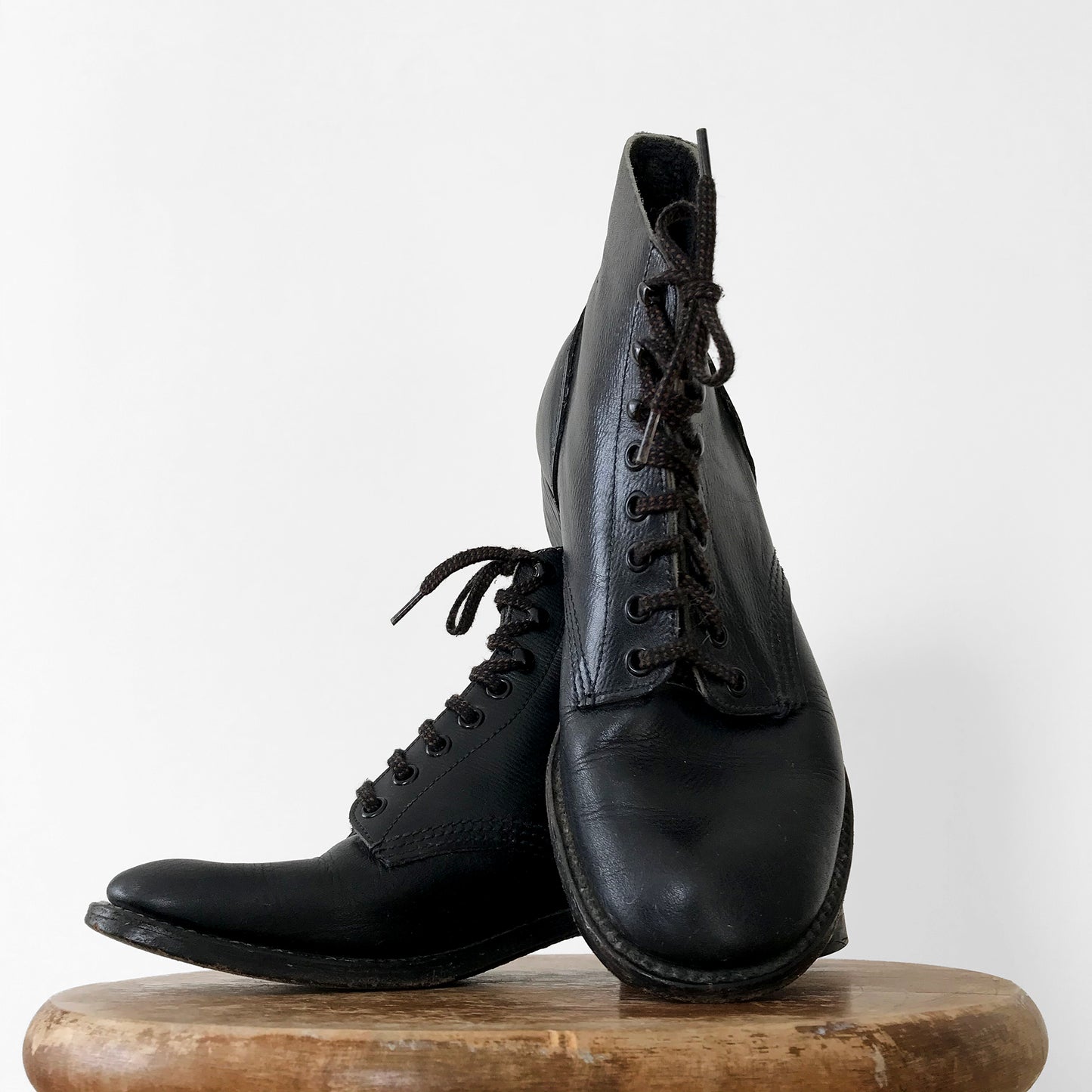 Black Leather Lace-Up Combat-Style Military-Style Ankle Boot