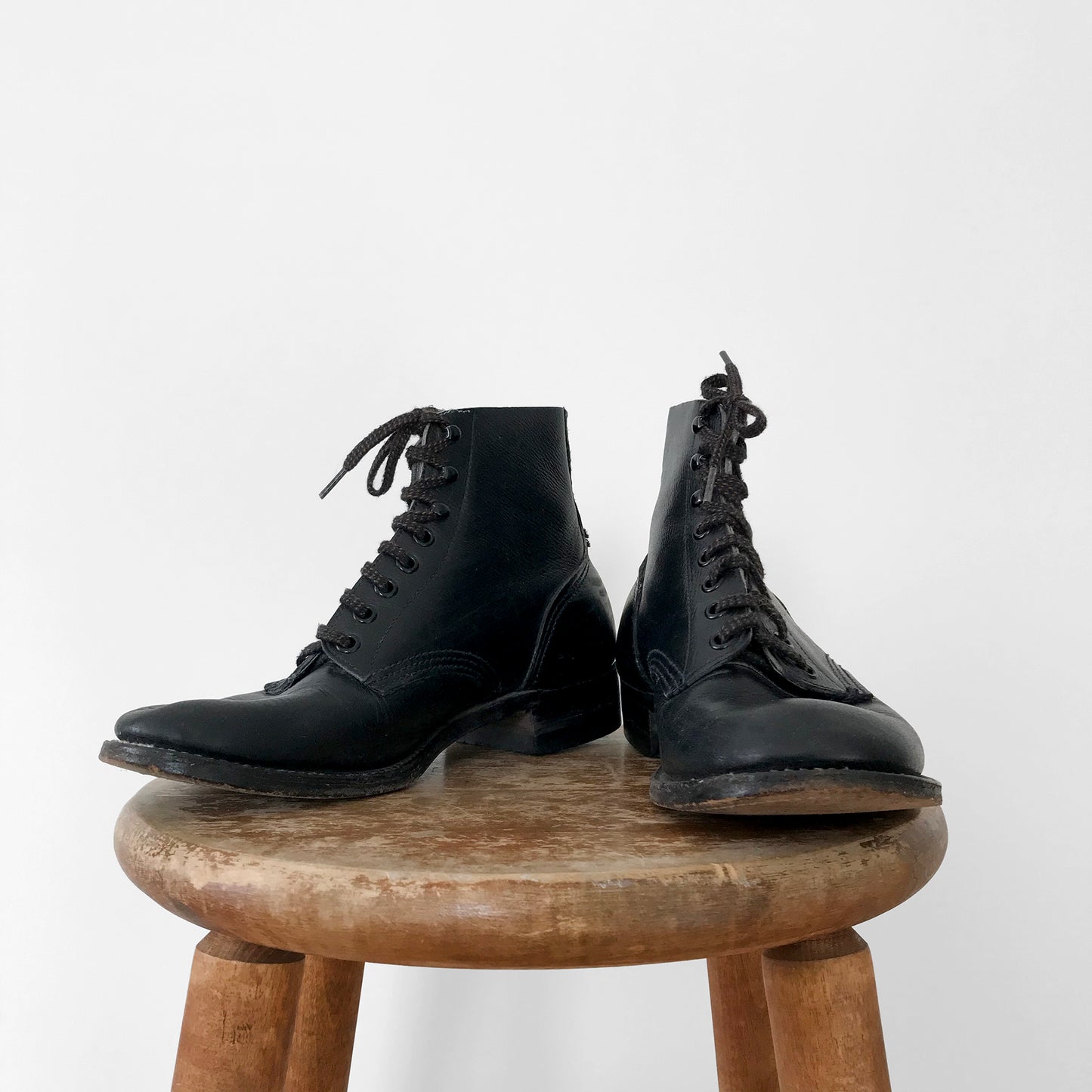 Black Leather Lace-Up Combat-Style Military-Style Ankle Boot