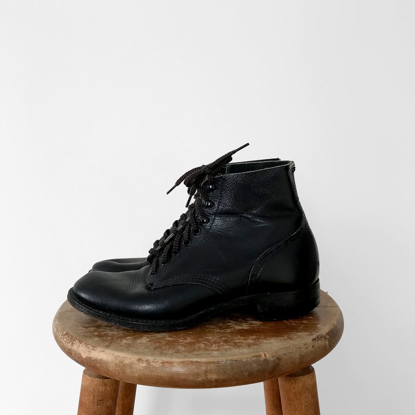 Black Leather Lace-Up Combat-Style Military-Style Ankle Boot