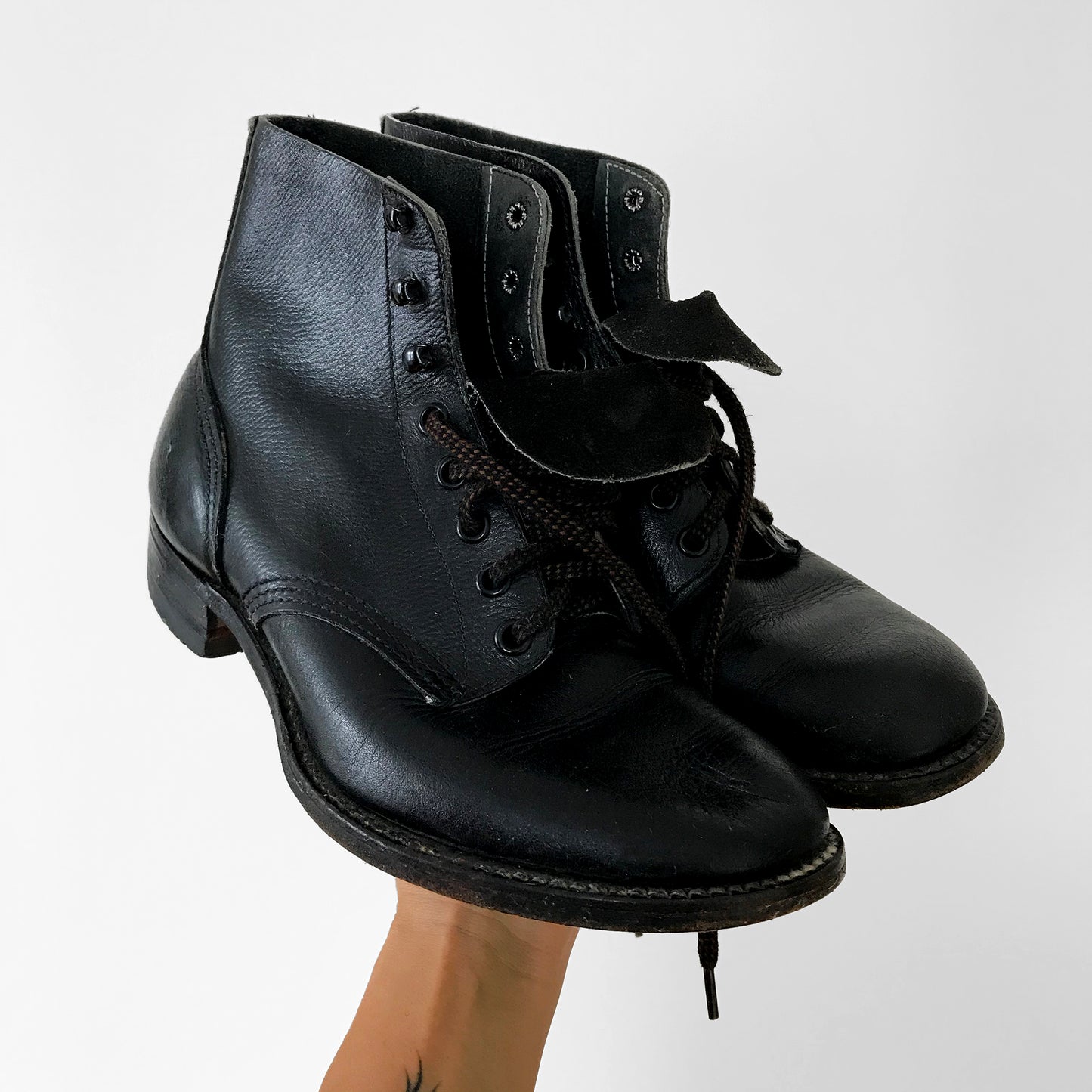 Black Leather Lace-Up Combat-Style Military-Style Ankle Boot