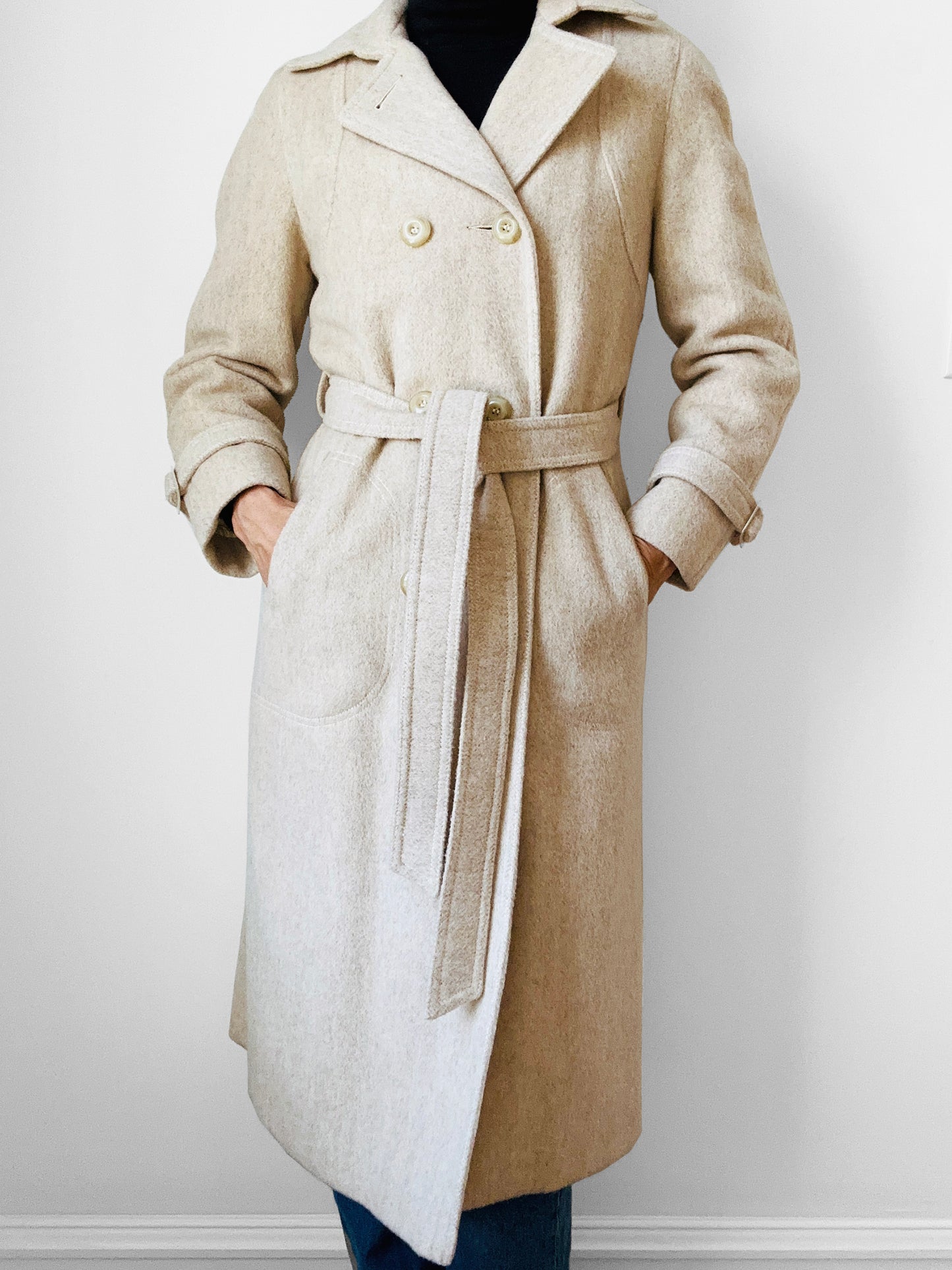 1970s Made in Canada Light Oatmeal Cream Fitted Belted Wool Coat - XS/S