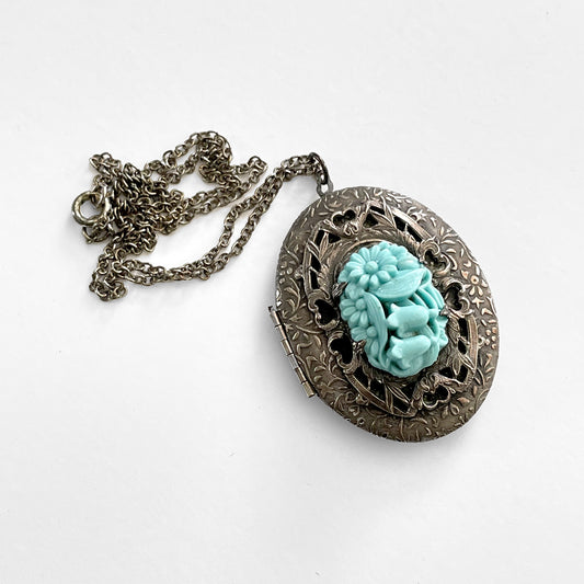 Silver-Toned Turquoise Carved Floral Celluloid Filigree Locket Necklace