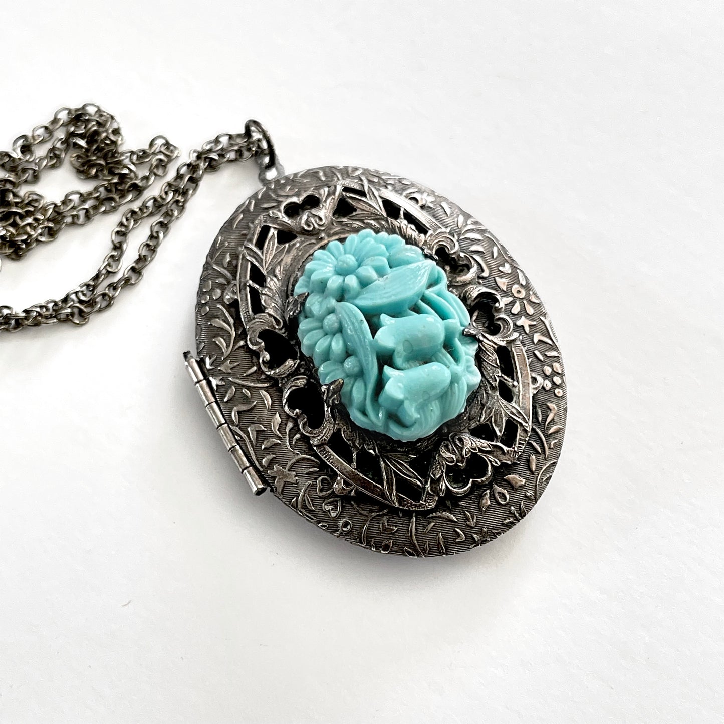 Silver-Toned Turquoise Carved Floral Celluloid Filigree Locket Necklace