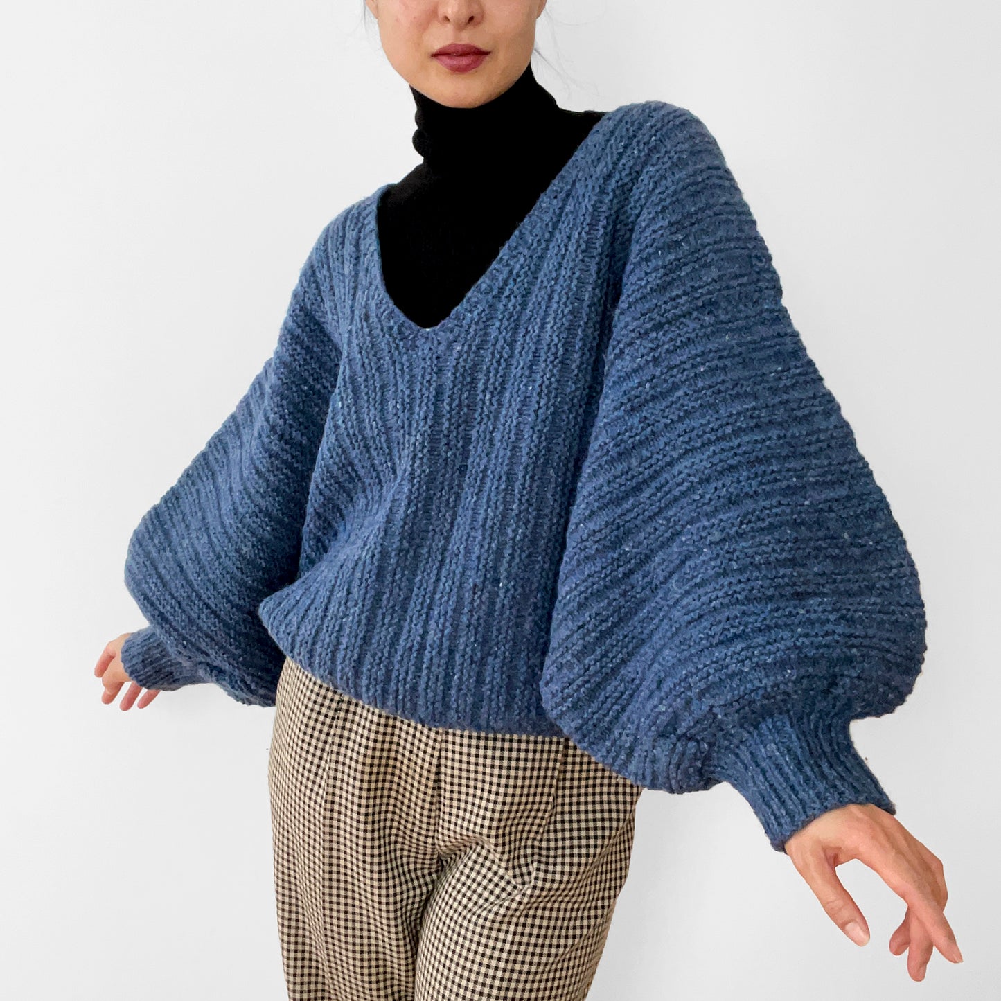 1980s Blue Bubble Sleeve Handmade Wool Sweater