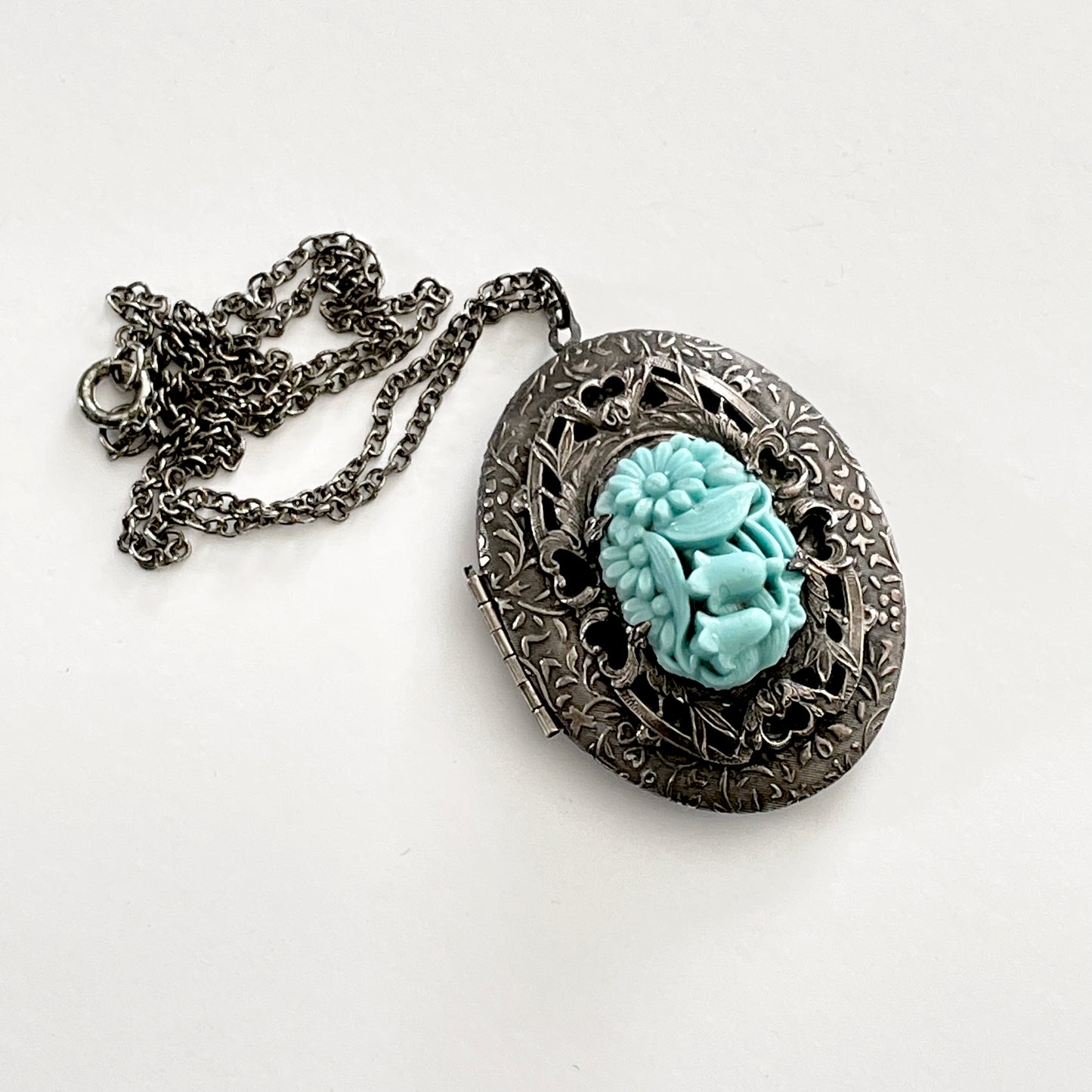 Silver-Toned Turquoise Carved Floral Celluloid Filigree Locket Necklace