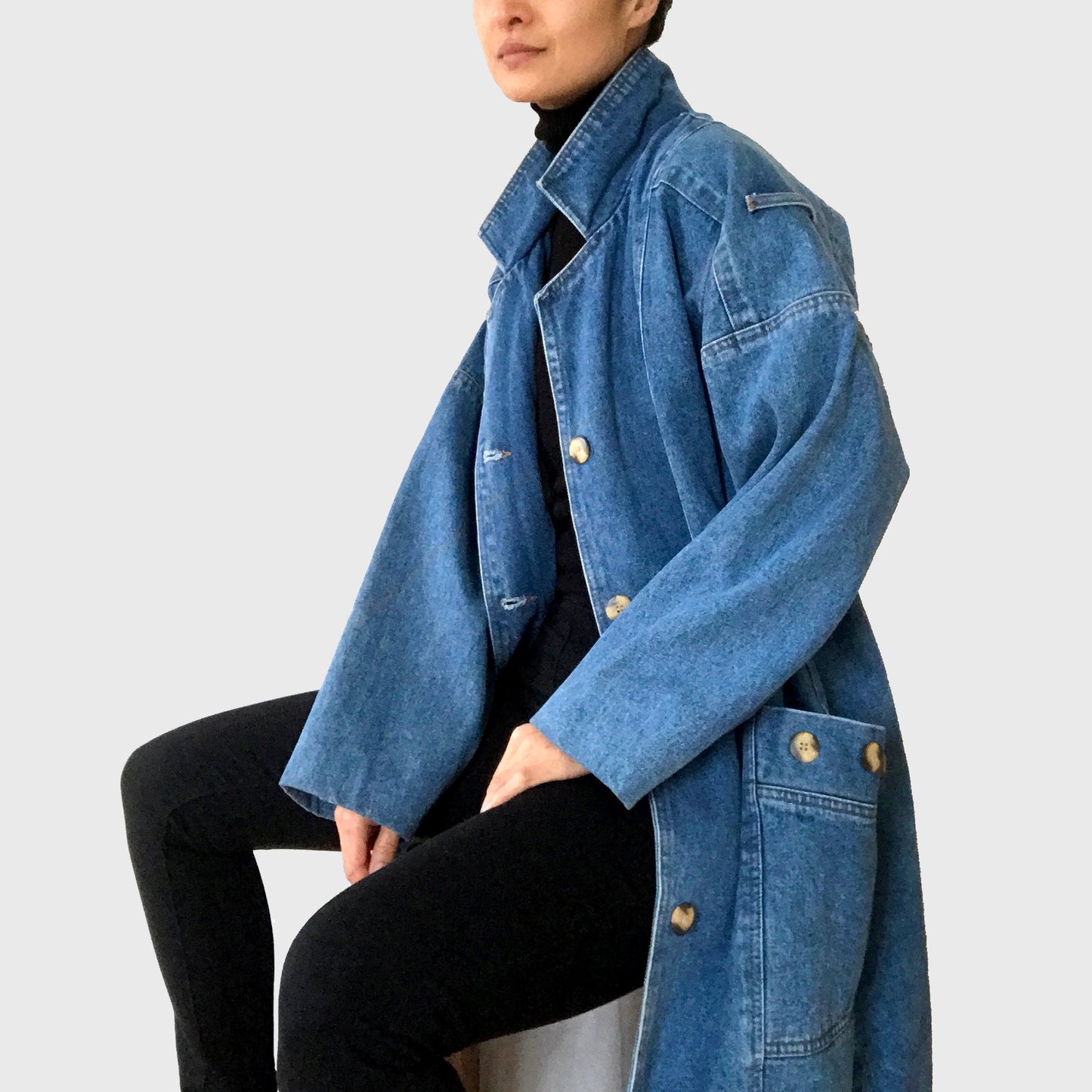 1980s Heavy Long Medium-Wash Blue Jean Denim Coat