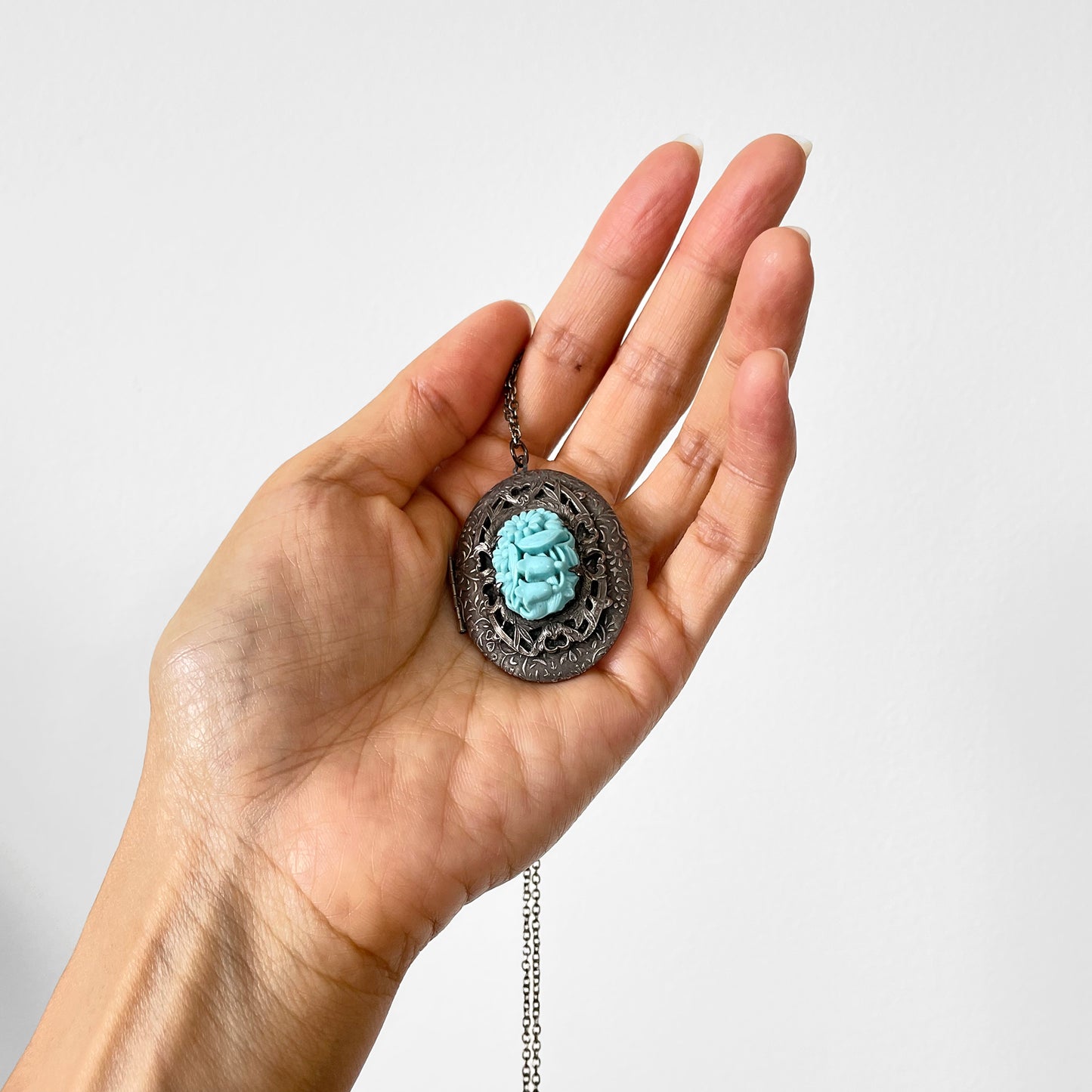 Silver-Toned Turquoise Carved Floral Celluloid Filigree Locket Necklace