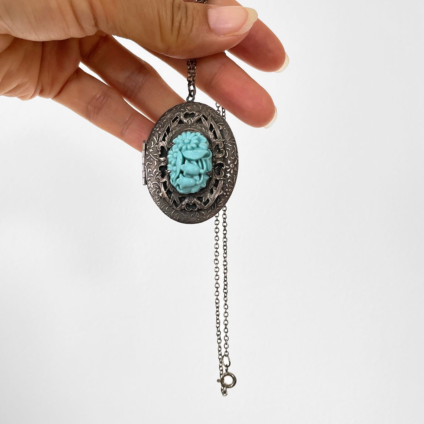 Silver-Toned Turquoise Carved Floral Celluloid Filigree Locket Necklace