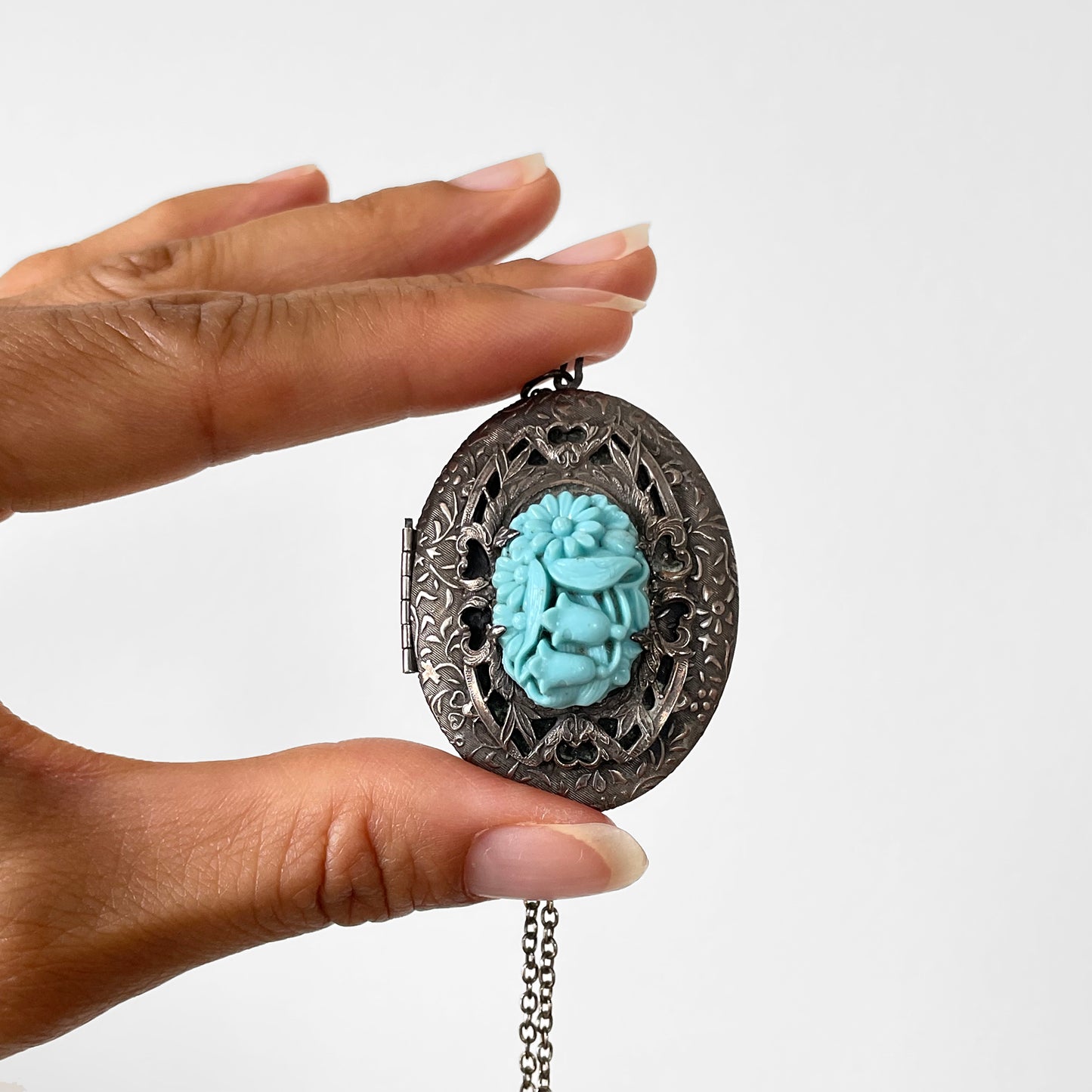 Silver-Toned Turquoise Carved Floral Celluloid Filigree Locket Necklace