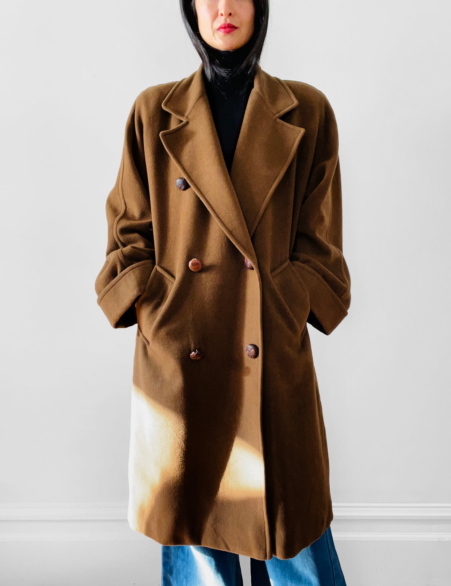 1980s Cognac Wool Cashmere Double-Breasted Overcoat - S/M/L