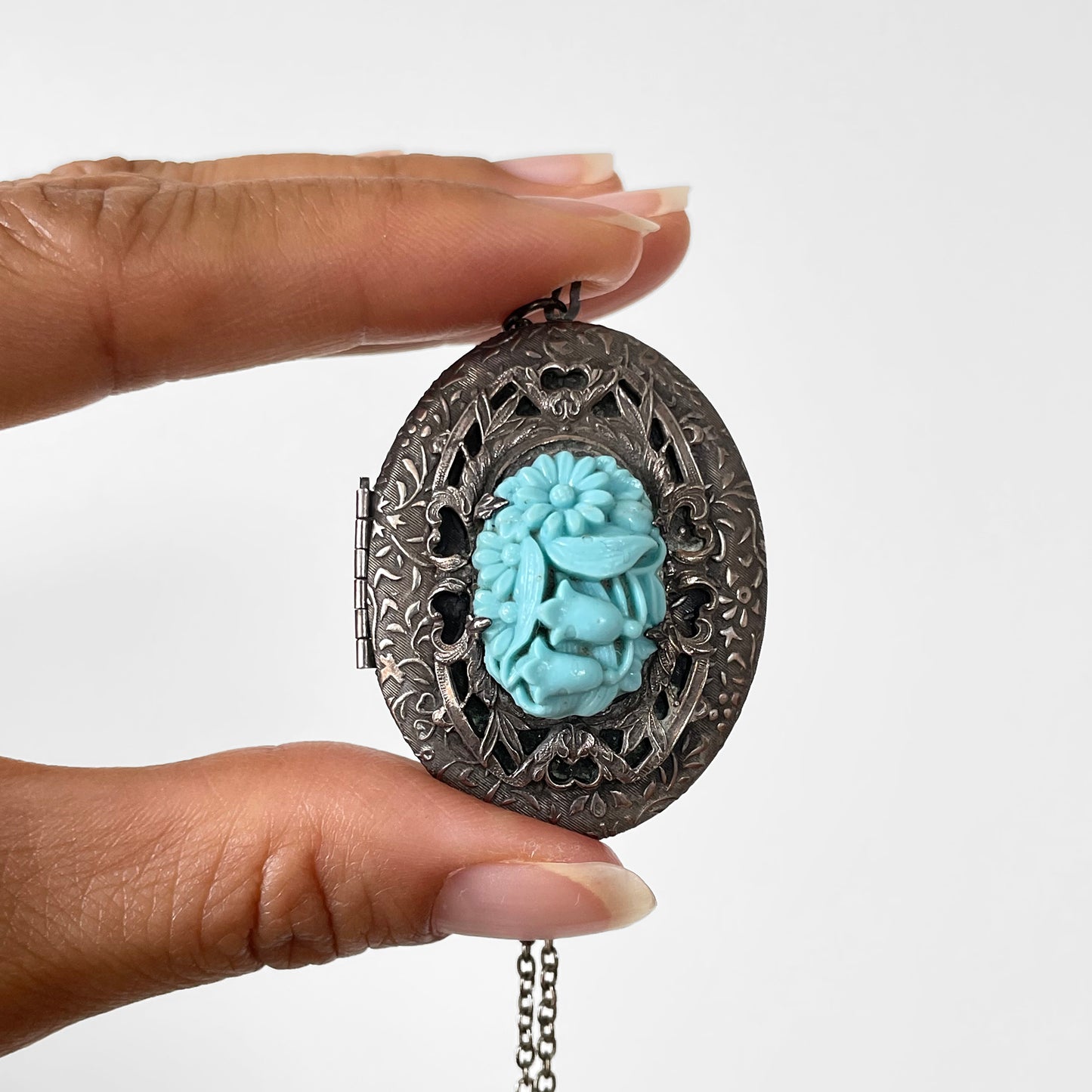 Silver-Toned Turquoise Carved Floral Celluloid Filigree Locket Necklace