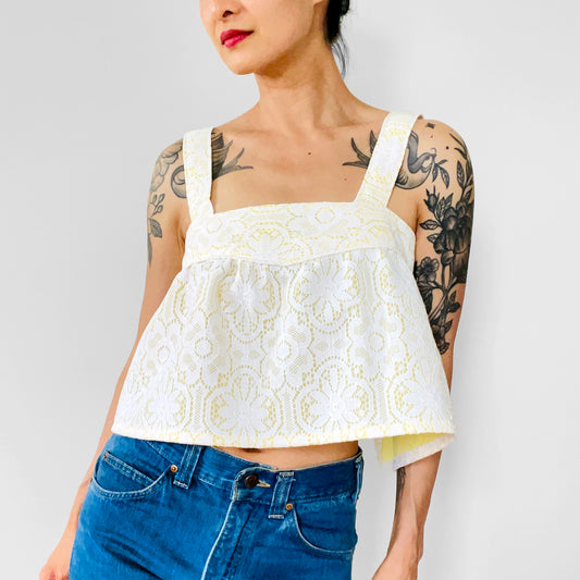 Upcycled Made-By-Me Vintage 60s Yellow and White Lace Lined Handmade Tied-Back Crop Tablecloth Top