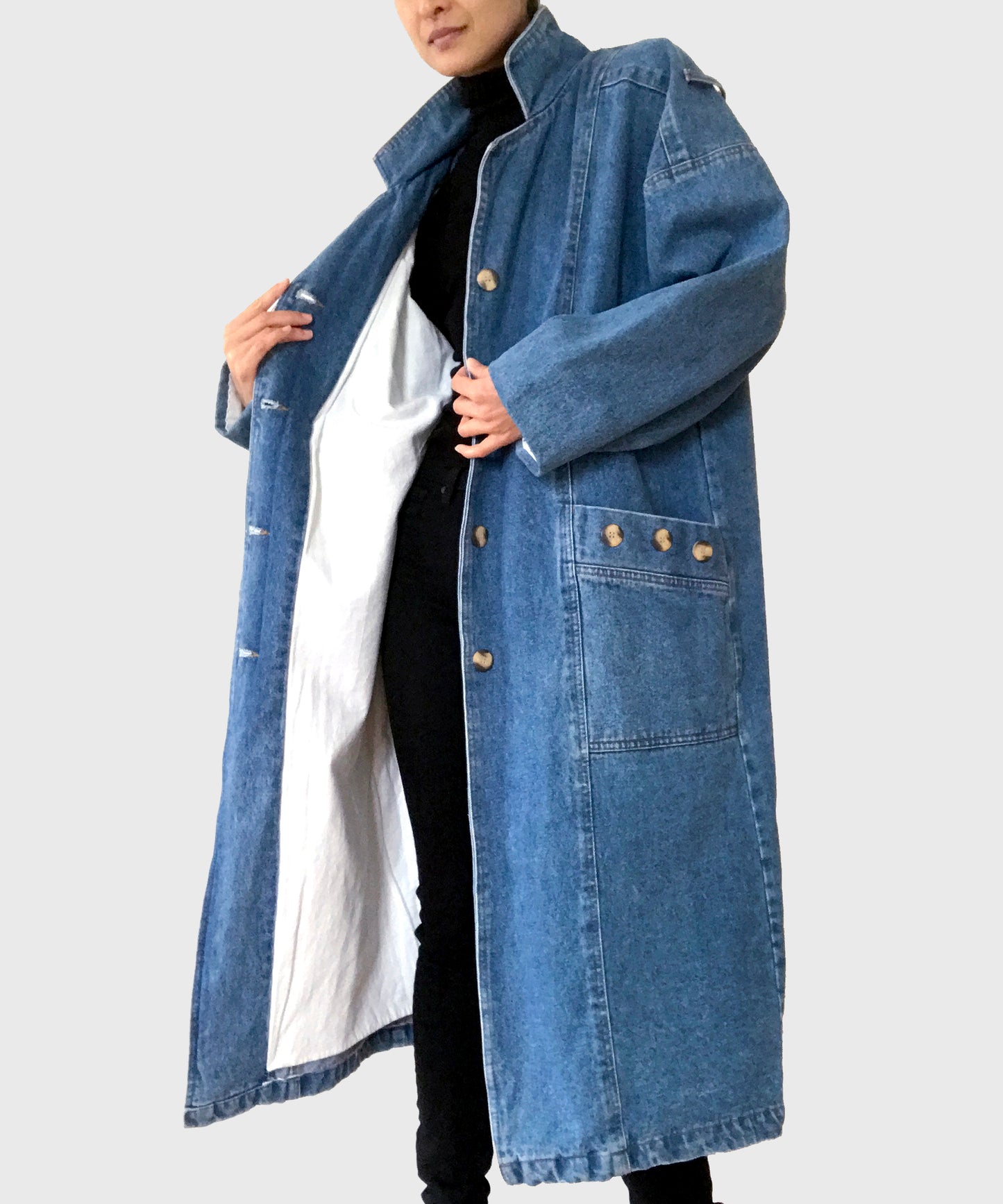 1980s Heavy Long Medium-Wash Blue Jean Denim Coat