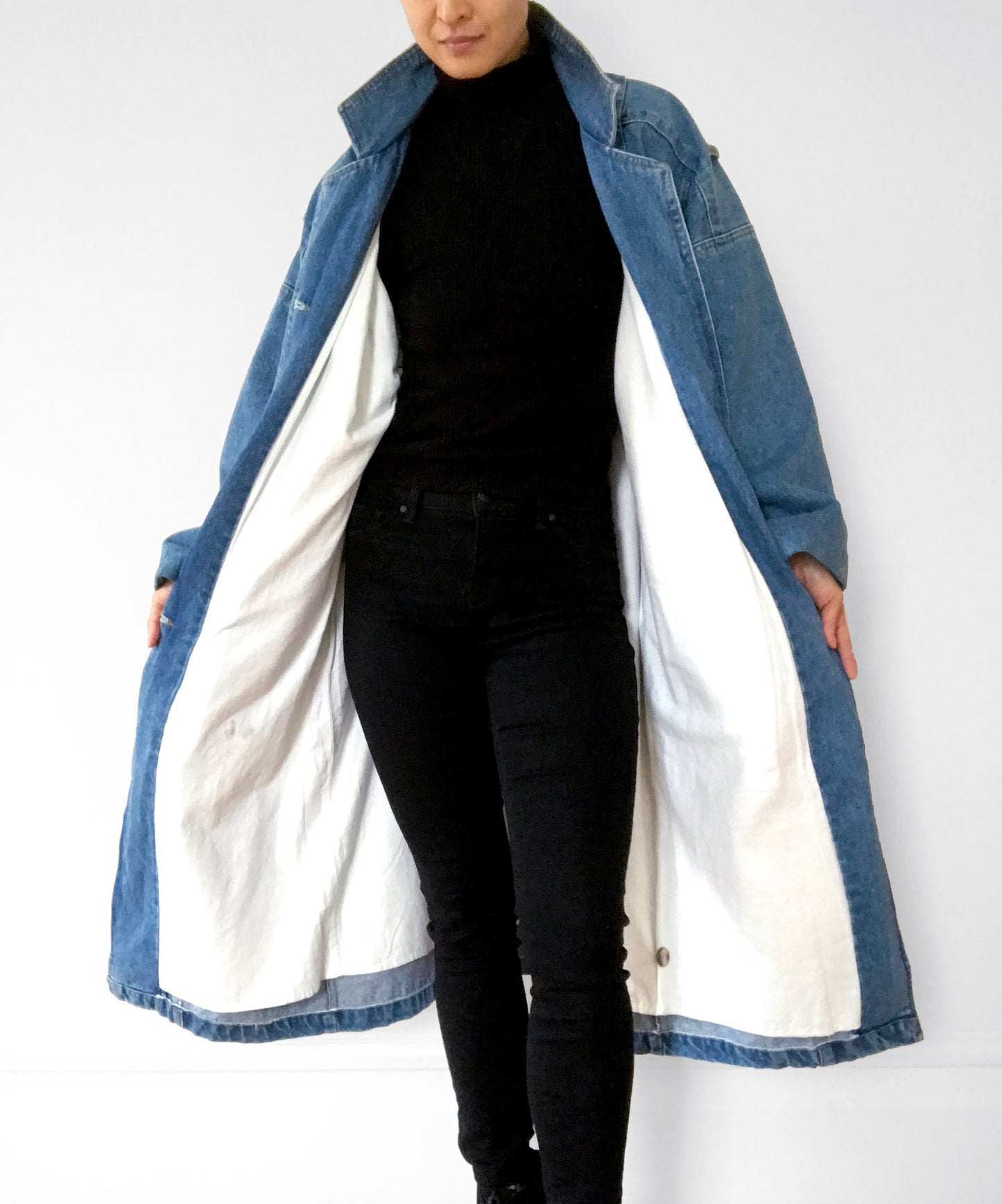 1980s Heavy Long Medium-Wash Blue Jean Denim Coat