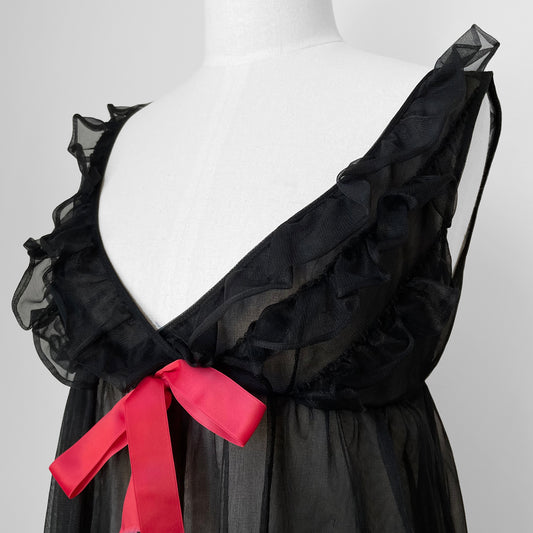 1950s-1960s Black and Fuschia Ruffle and Bow Chiffon Nightgown Slip Dress - XS/S