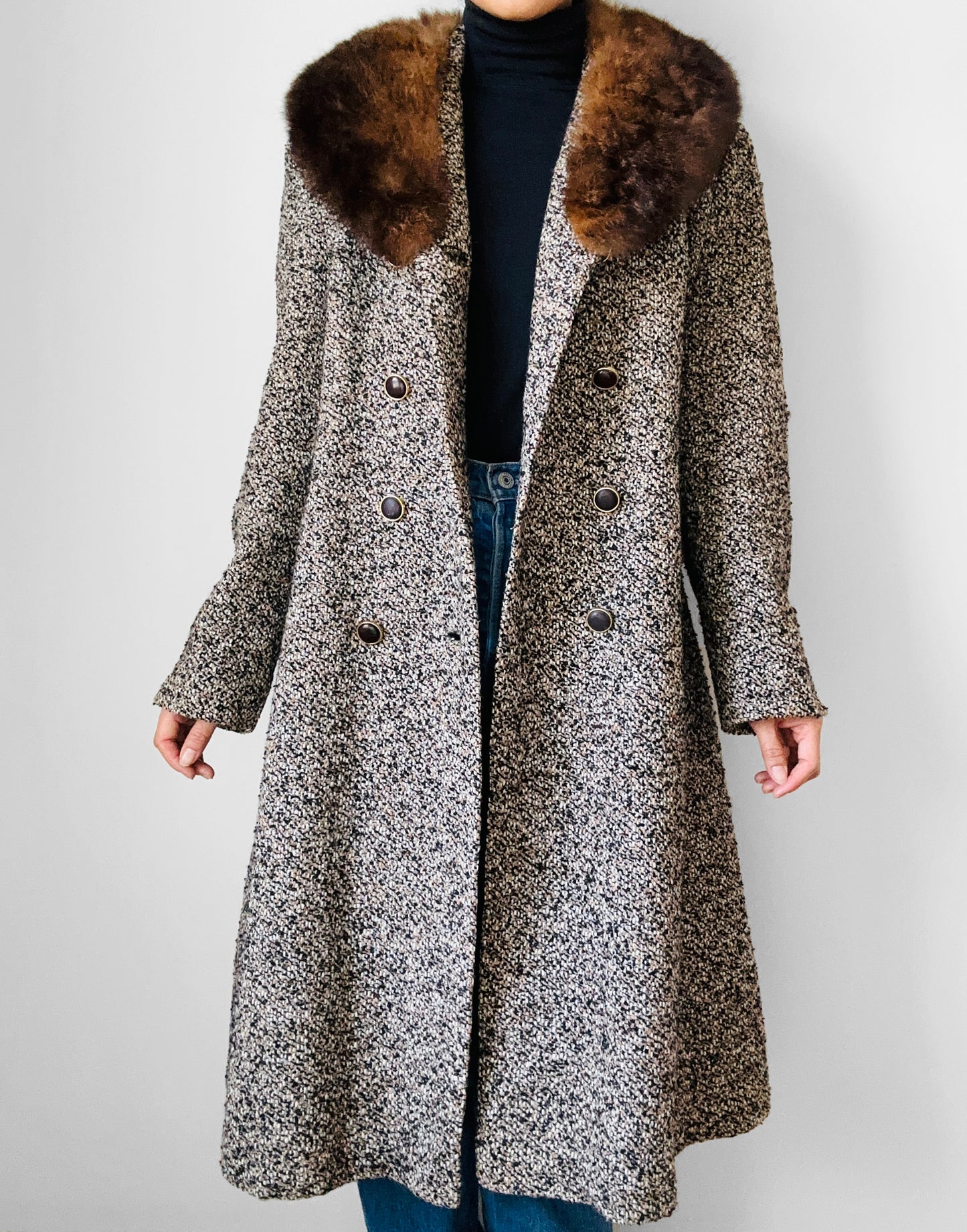 1970s Fur Collar Beige Brown Wool Tweed Double-Breasted Coat - S/M