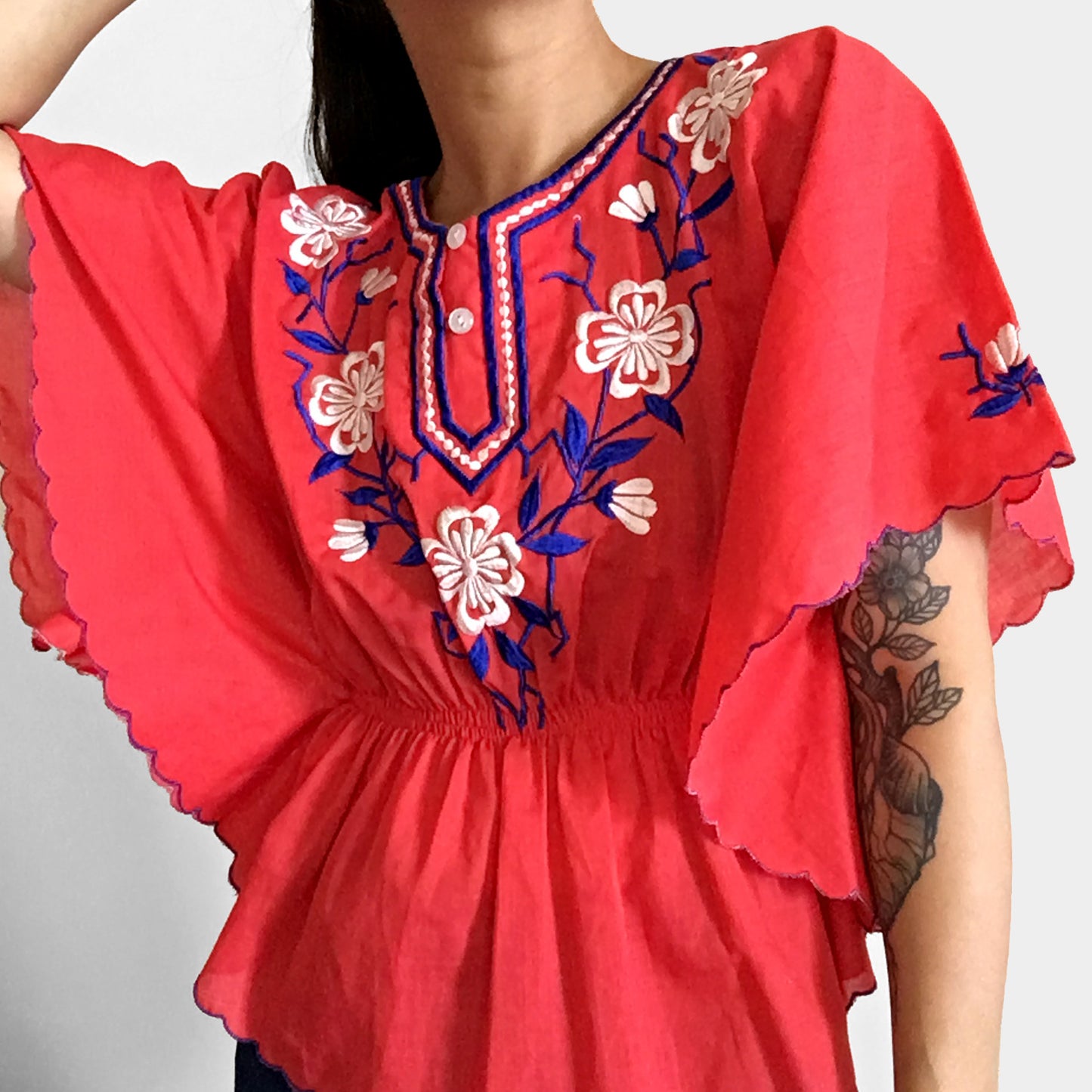 1970s Red Floral Embroidered Flutter-Sleeve Peplum Top