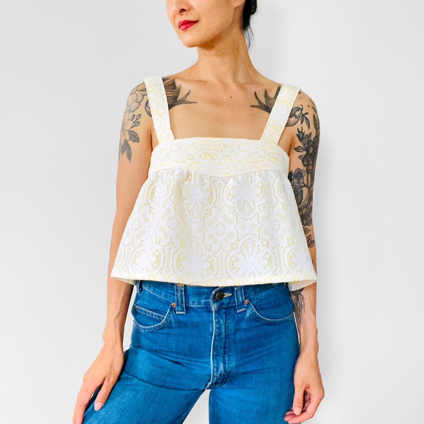 Upcycled Made-By-Me Vintage 60s Yellow and White Lace Lined Handmade Tied-Back Crop Tablecloth Top