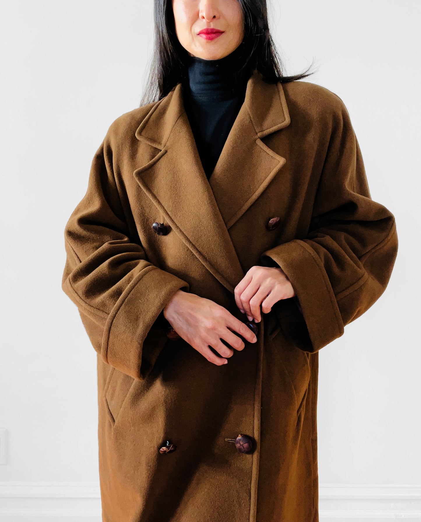 1980s Cognac Wool Cashmere Double-Breasted Overcoat - S/M/L