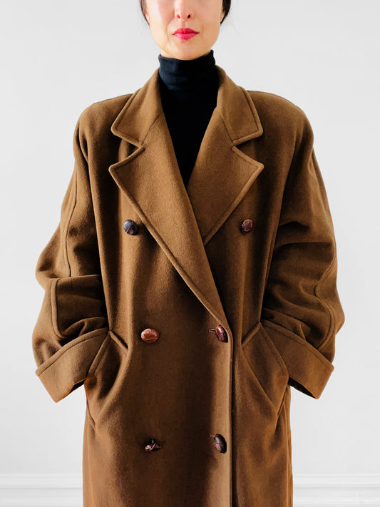 1980s Cognac Wool Cashmere Double-Breasted Overcoat - S/M/L