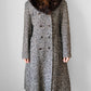1970s Fur Collar Beige Brown Wool Tweed Double-Breasted Coat - S/M