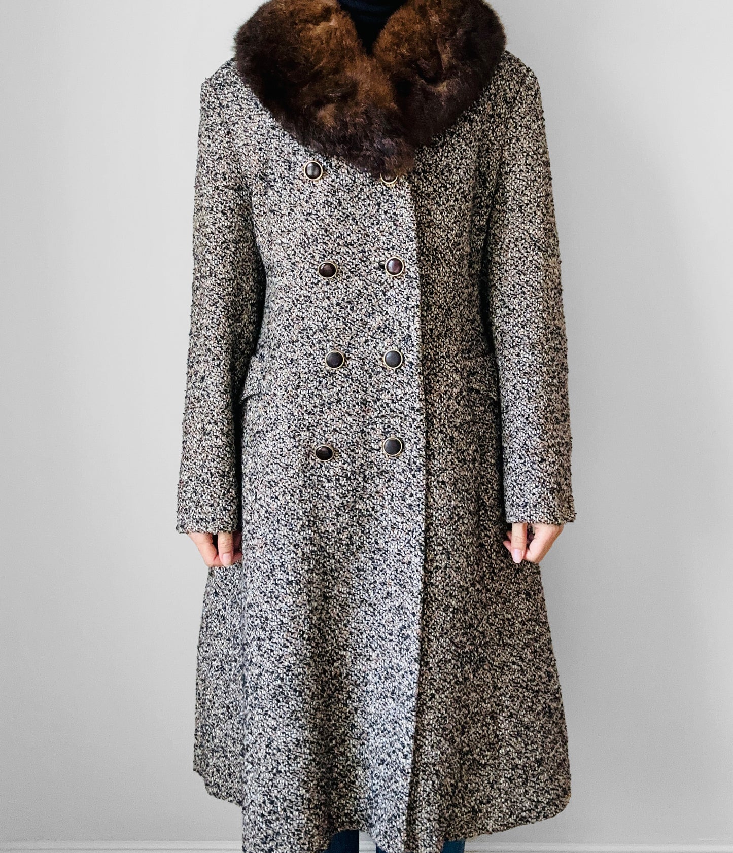 1970s Fur Collar Beige Brown Wool Tweed Double-Breasted Coat - S/M