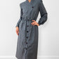 1980s Made in Canada Grey White Pinstripe Button-Front Cotton-Blend Pleated-Shoulder Dress