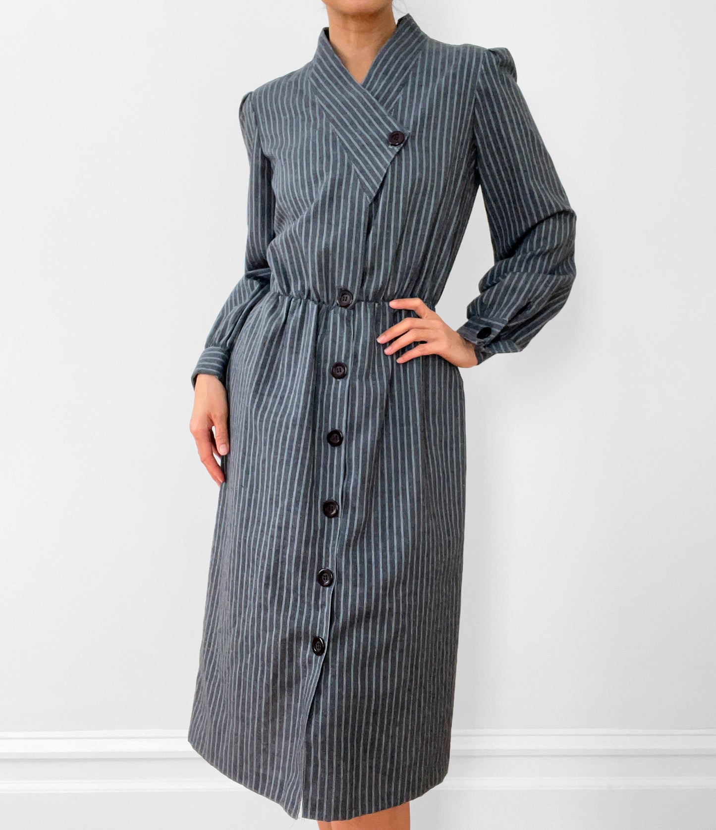 1980s Made in Canada Grey White Pinstripe Button-Front Cotton-Blend Pleated-Shoulder Dress