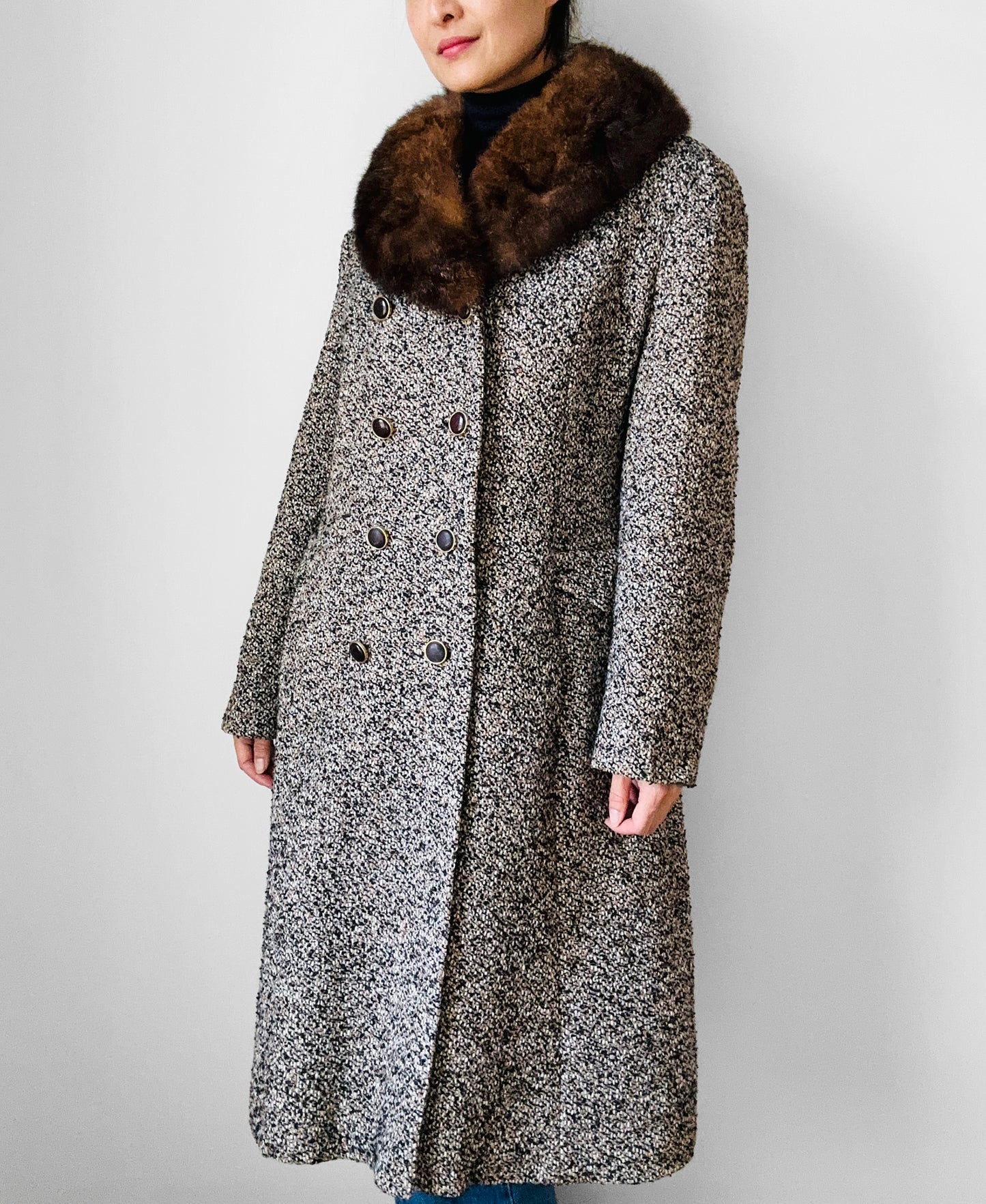 1970s Fur Collar Beige Brown Wool Tweed Double-Breasted Coat - S/M