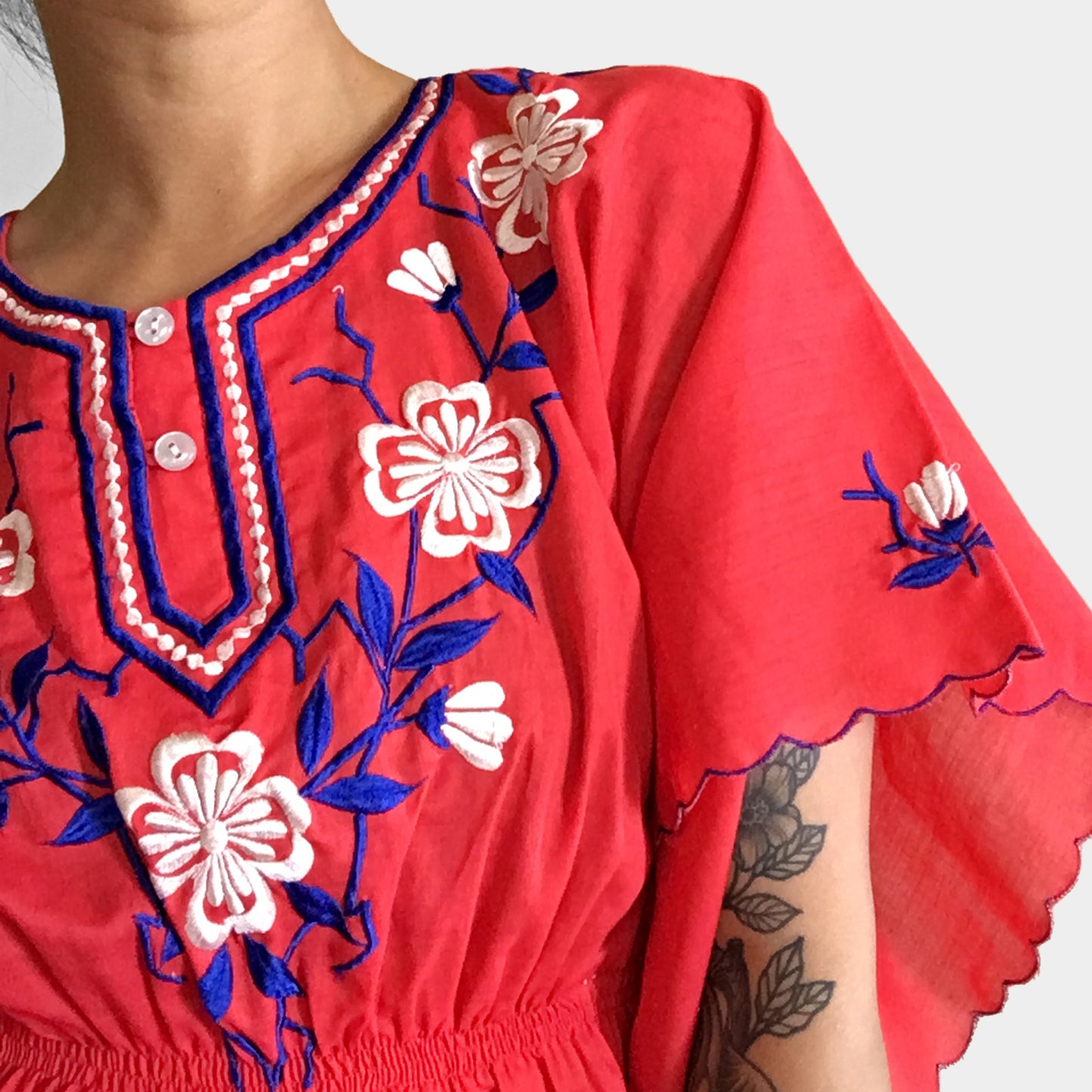 1970s Red Floral Embroidered Flutter-Sleeve Peplum Top