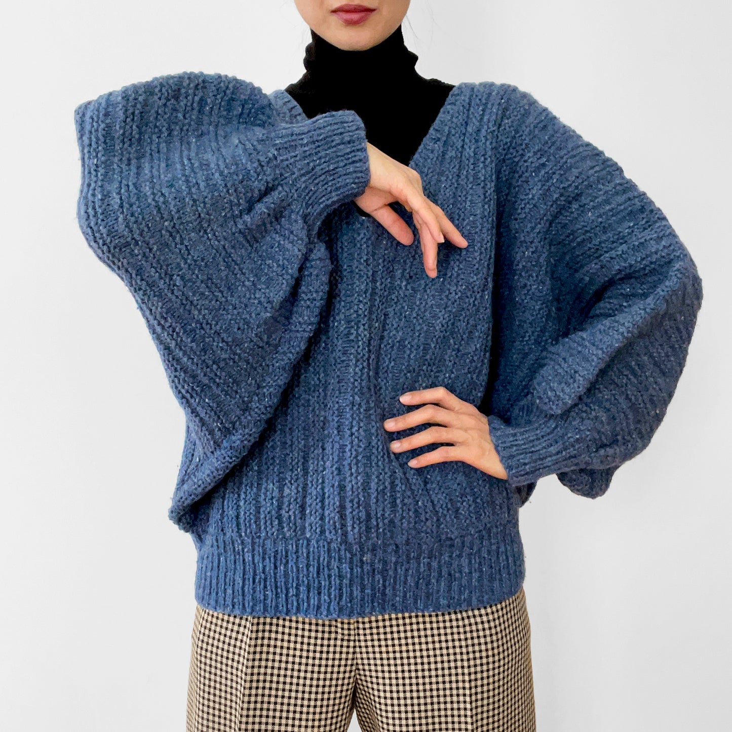 1980s Blue Bubble Sleeve Handmade Wool Sweater