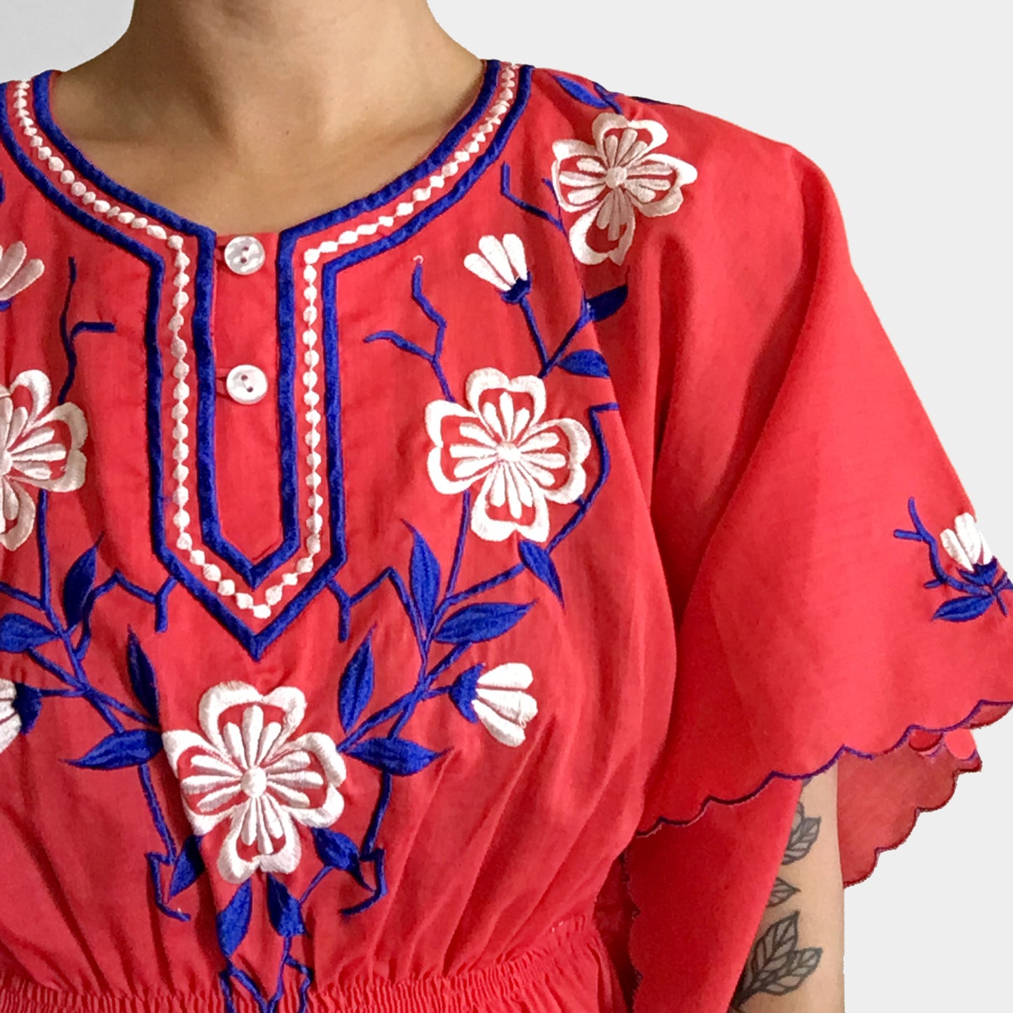 1970s Red Floral Embroidered Flutter-Sleeve Peplum Top