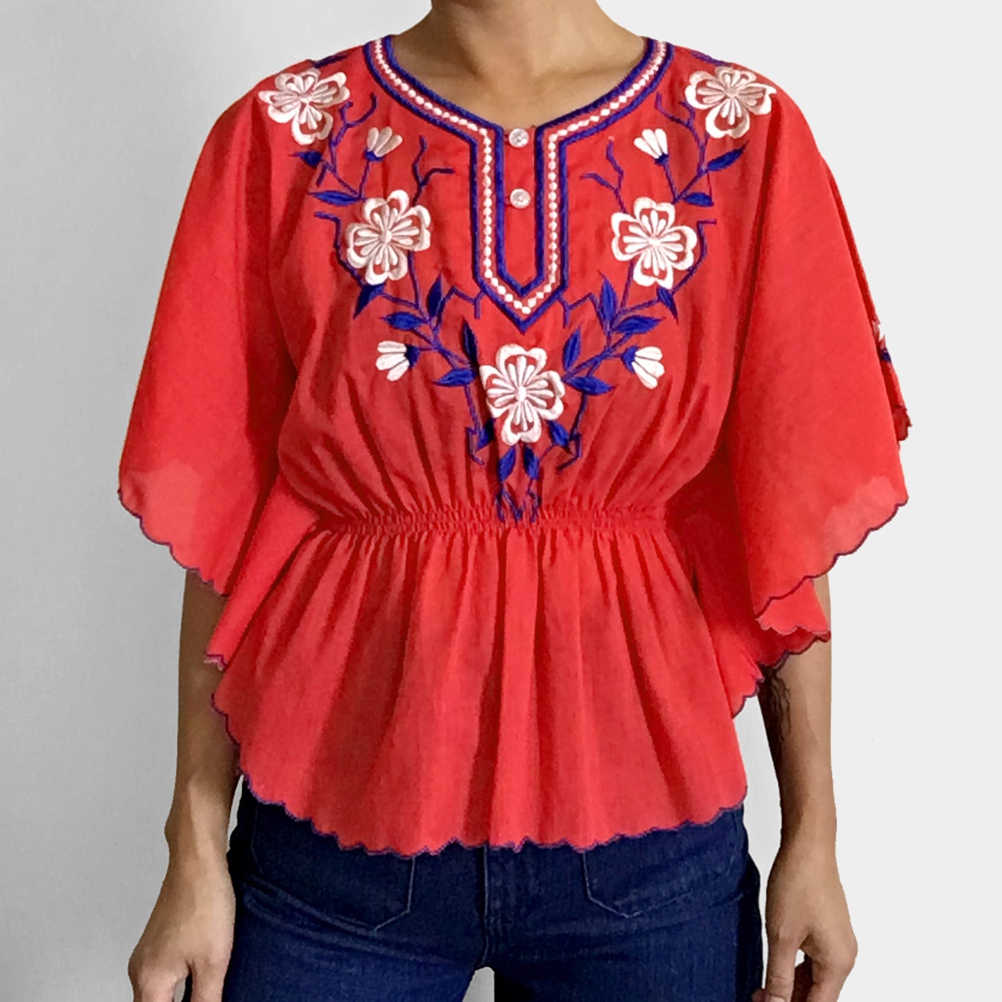 1970s Red Floral Embroidered Flutter-Sleeve Peplum Top