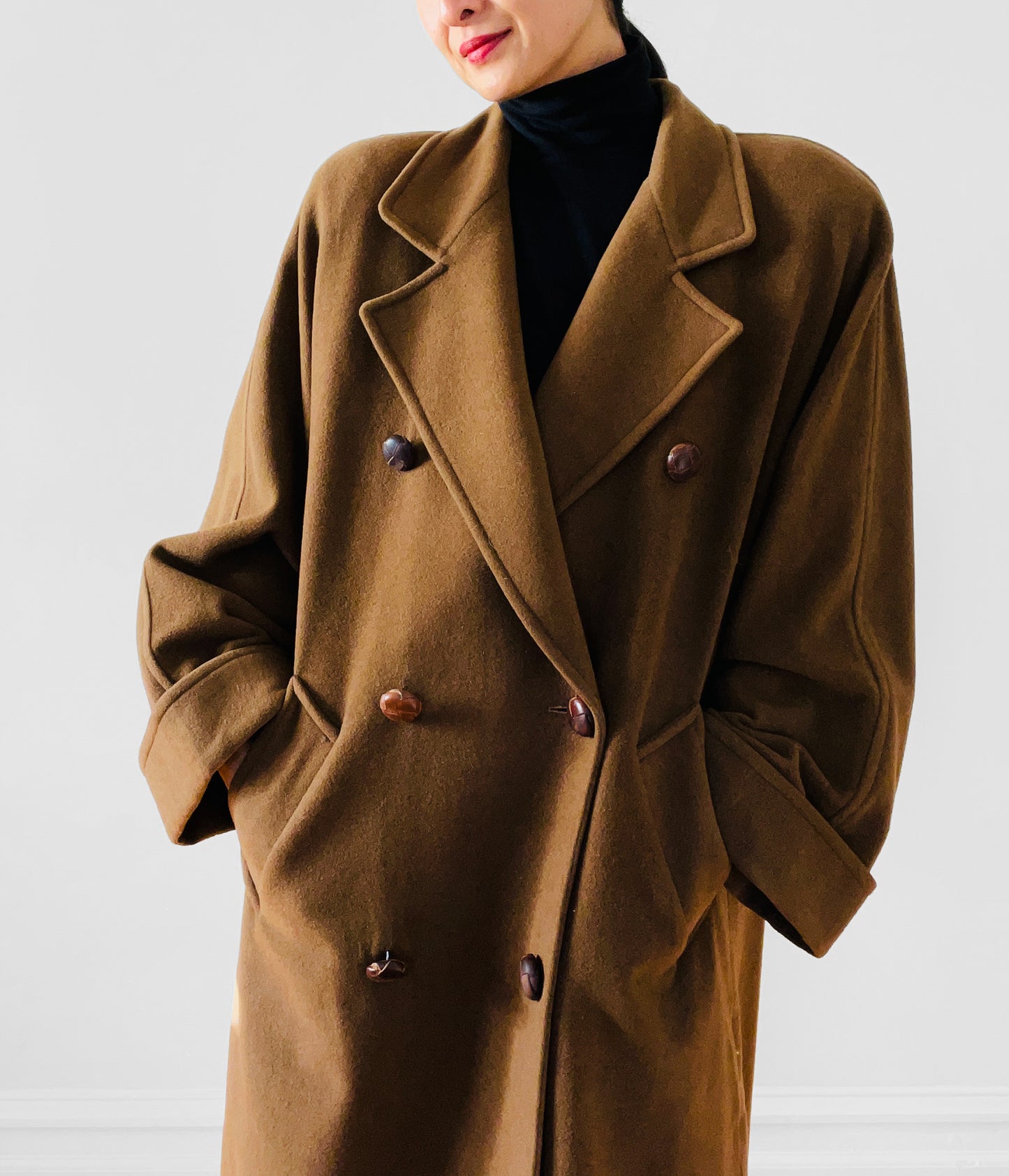 1980s Cognac Wool Cashmere Double-Breasted Overcoat - S/M/L