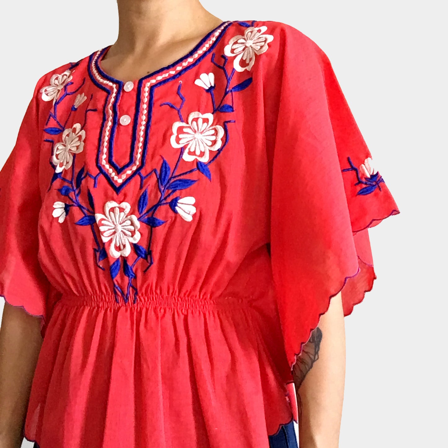 1970s Red Floral Embroidered Flutter-Sleeve Peplum Top