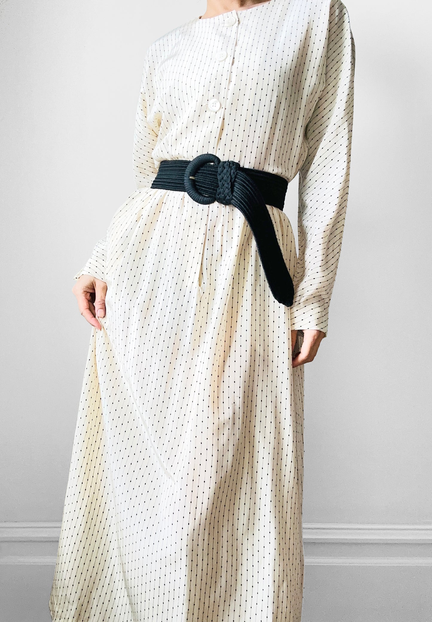 1980s Ankle Length Cream and Black Silk Patterned Button Front Dress - S/M