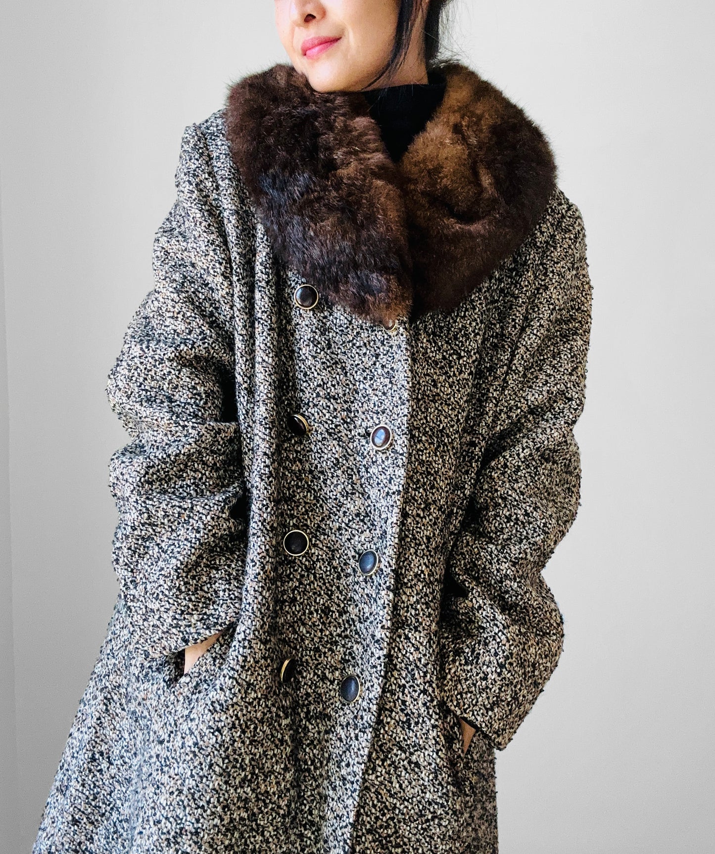 1970s Fur Collar Beige Brown Wool Tweed Double-Breasted Coat - S/M