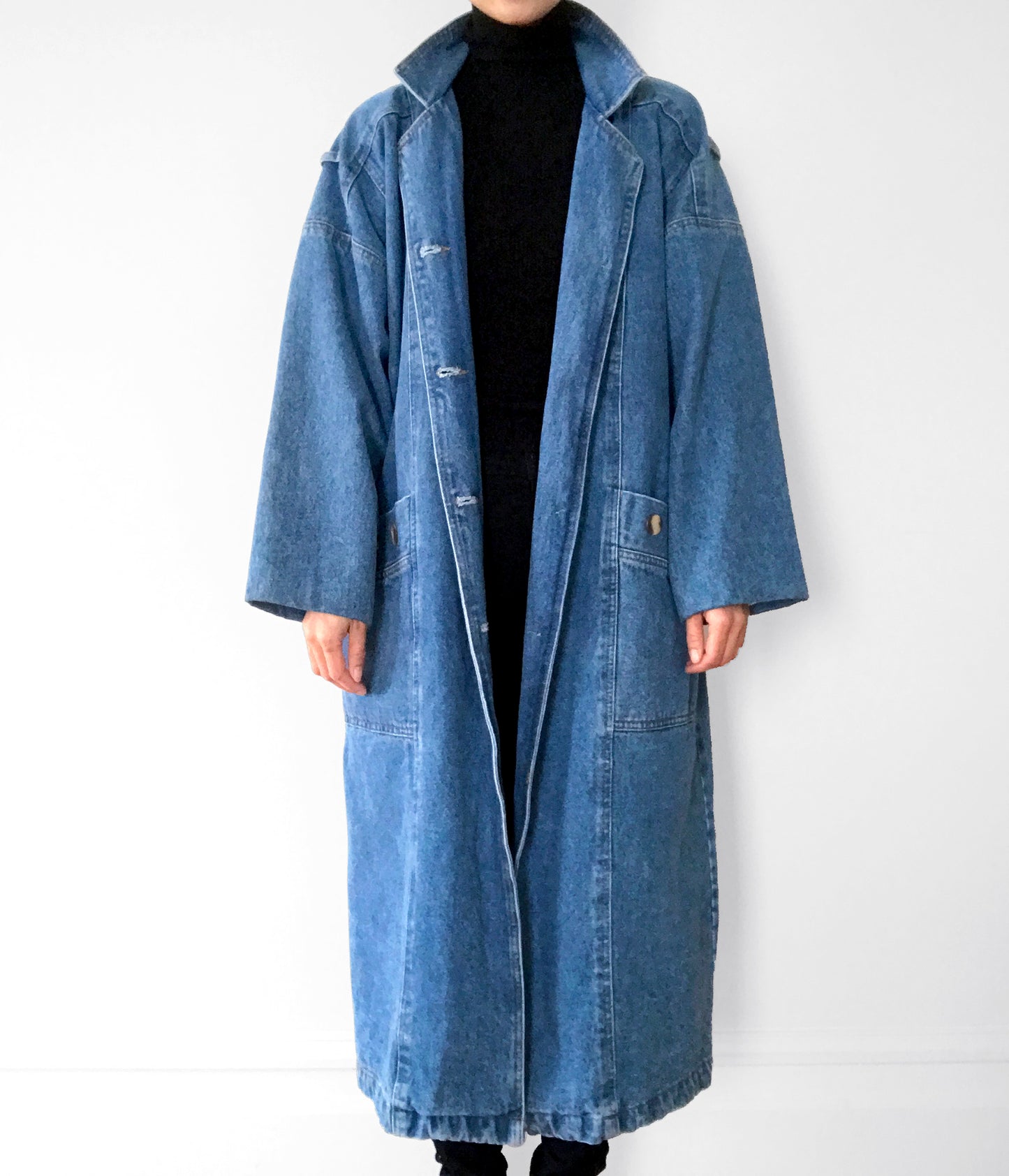 1980s Heavy Long Medium-Wash Blue Jean Denim Coat