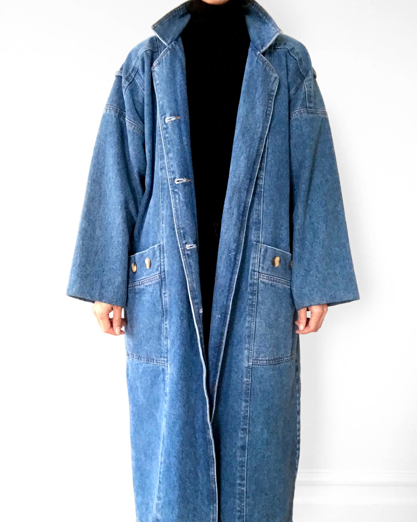 1980s Heavy Long Medium-Wash Blue Jean Denim Coat