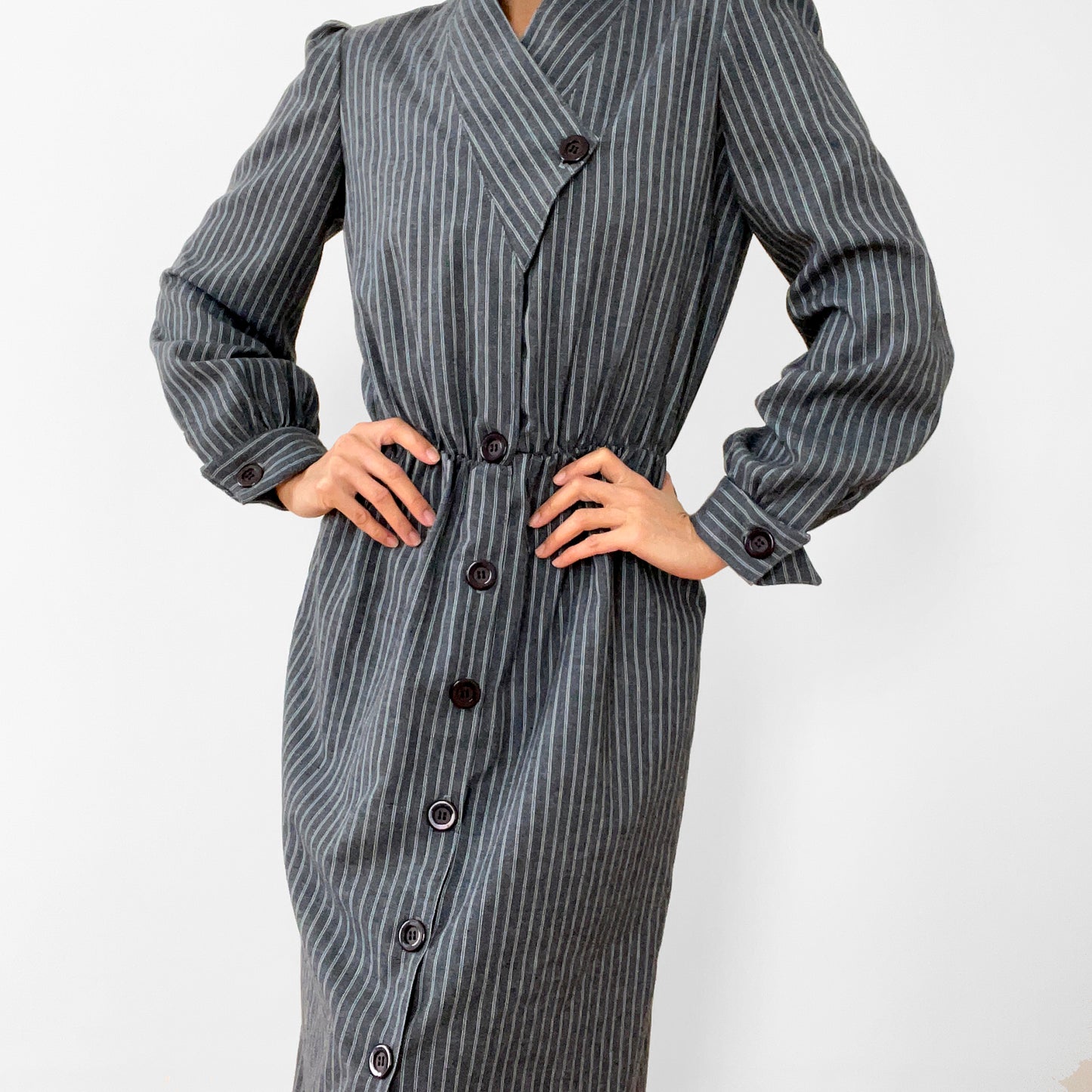 1980s Made in Canada Grey White Pinstripe Button-Front Cotton-Blend Pleated-Shoulder Dress