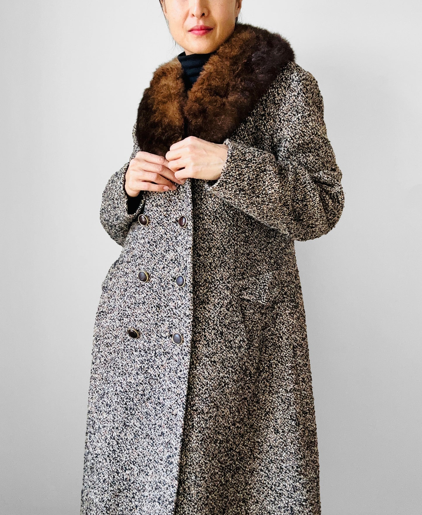 1970s Fur Collar Beige Brown Wool Tweed Double-Breasted Coat - S/M