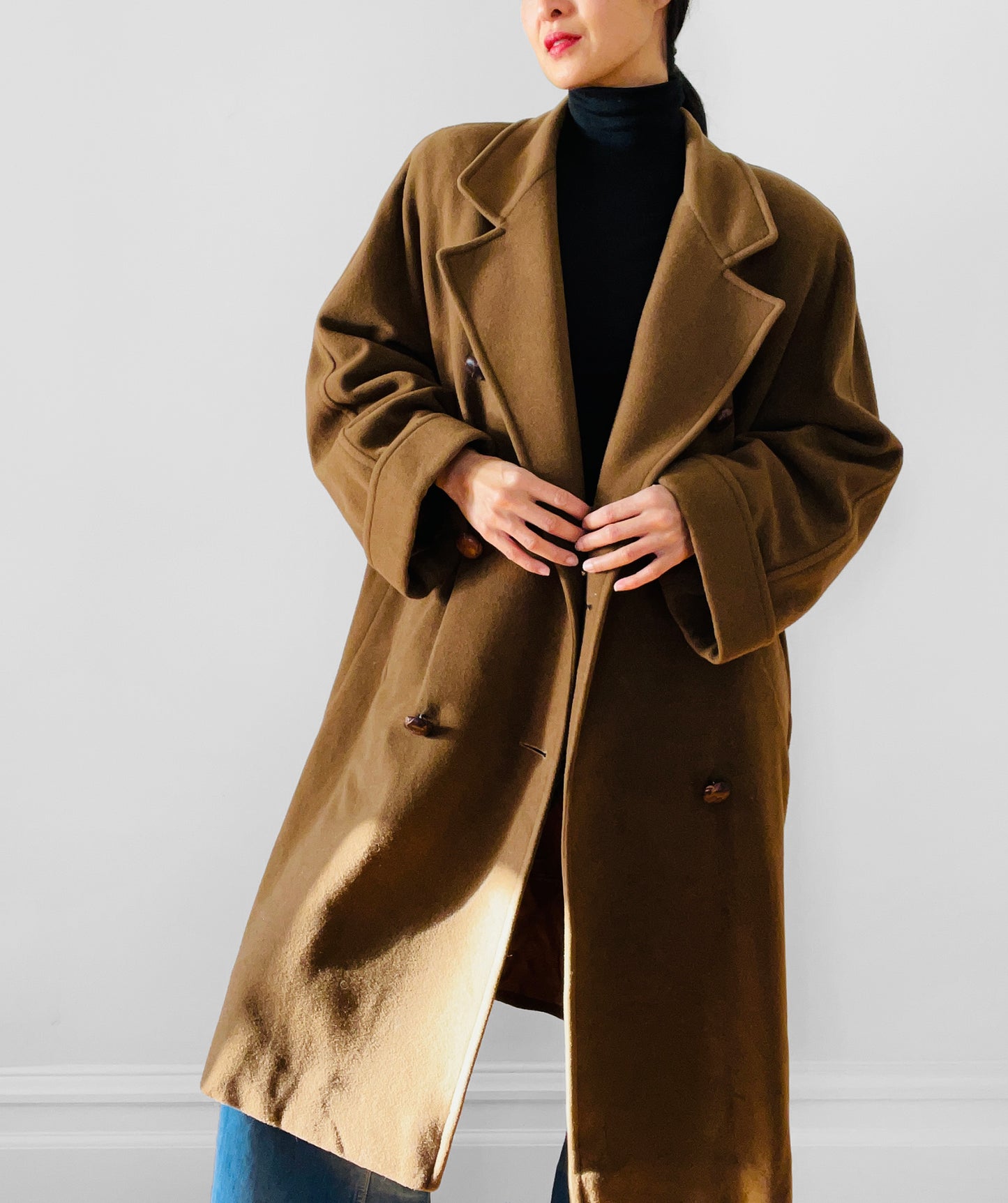 1980s Cognac Wool Cashmere Double-Breasted Overcoat - S/M/L