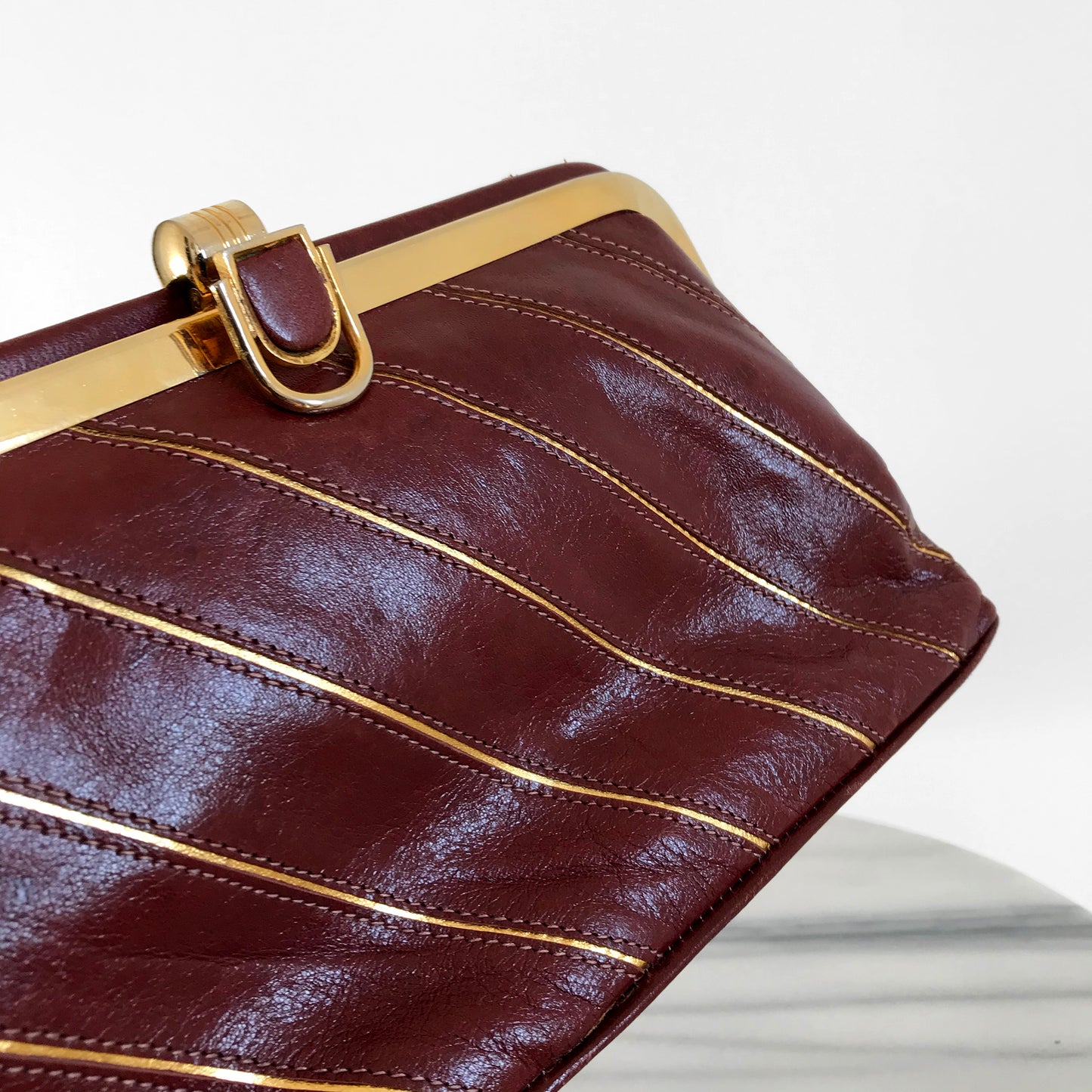 1970s Burgundy and Gold Striped Leather Wallet Clutch