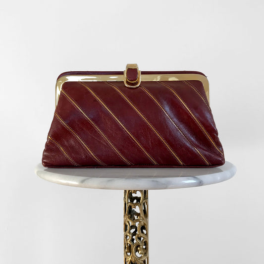 1970s Burgundy and Gold Striped Leather Wallet Clutch