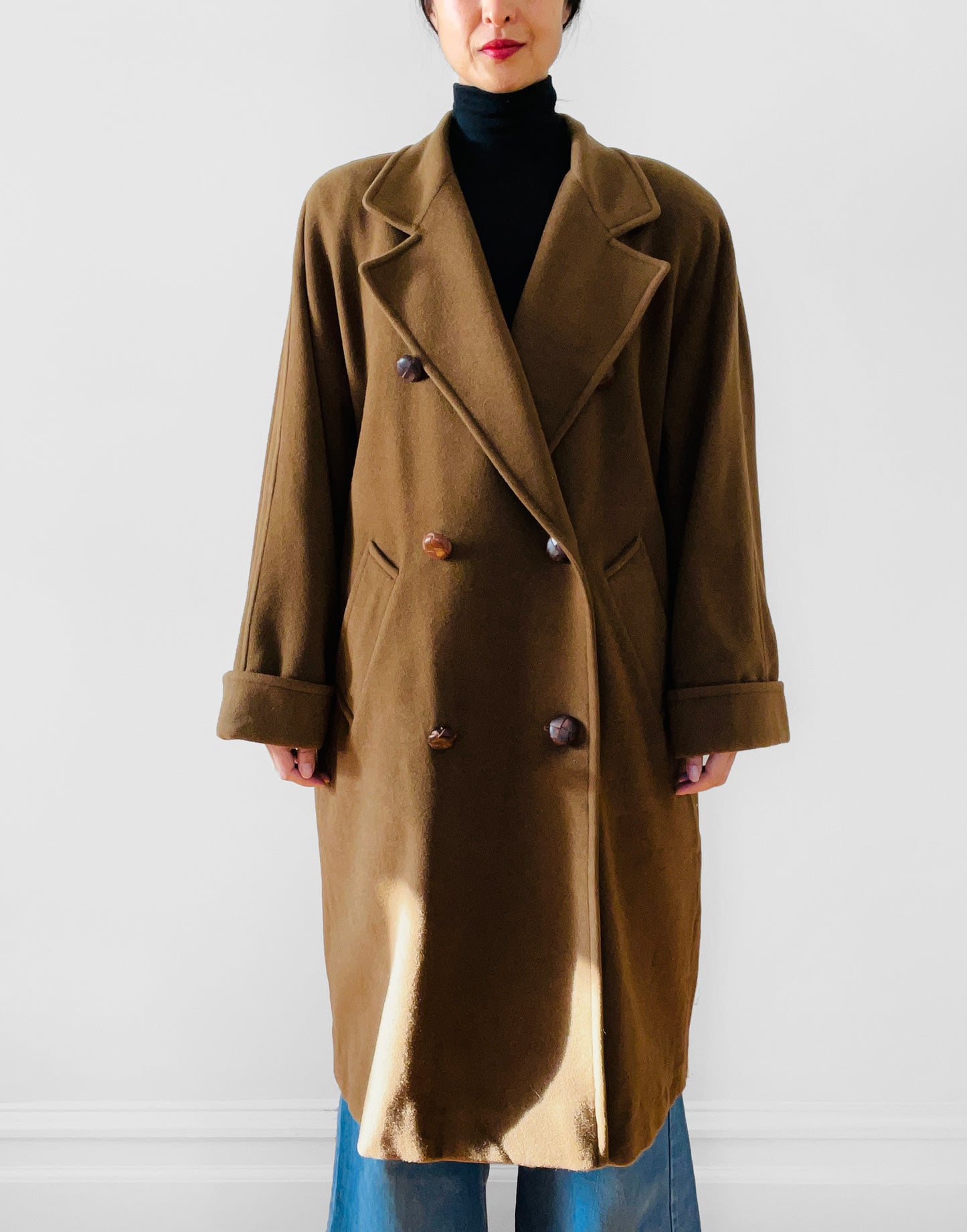 1980s Cognac Wool Cashmere Double-Breasted Overcoat - S/M/L