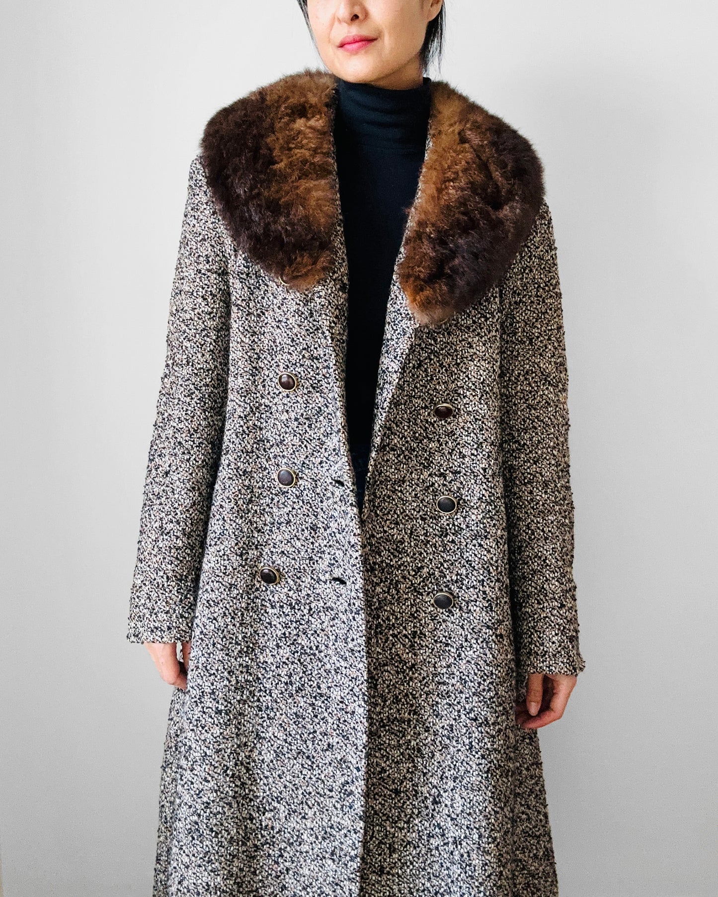 1970s Fur Collar Beige Brown Wool Tweed Double-Breasted Coat - S/M