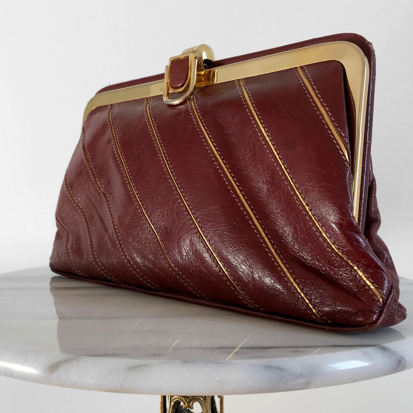 1970s Burgundy and Gold Striped Leather Wallet Clutch