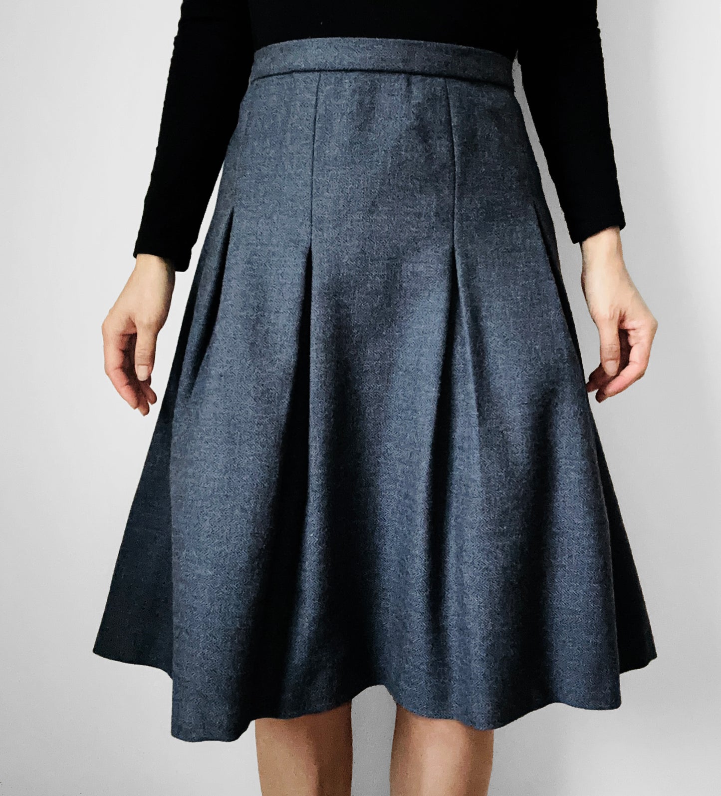 1960s Slate Blue Grey Inverted Pleat Fit and Flare Wool Lined Skirt - XL/XXL