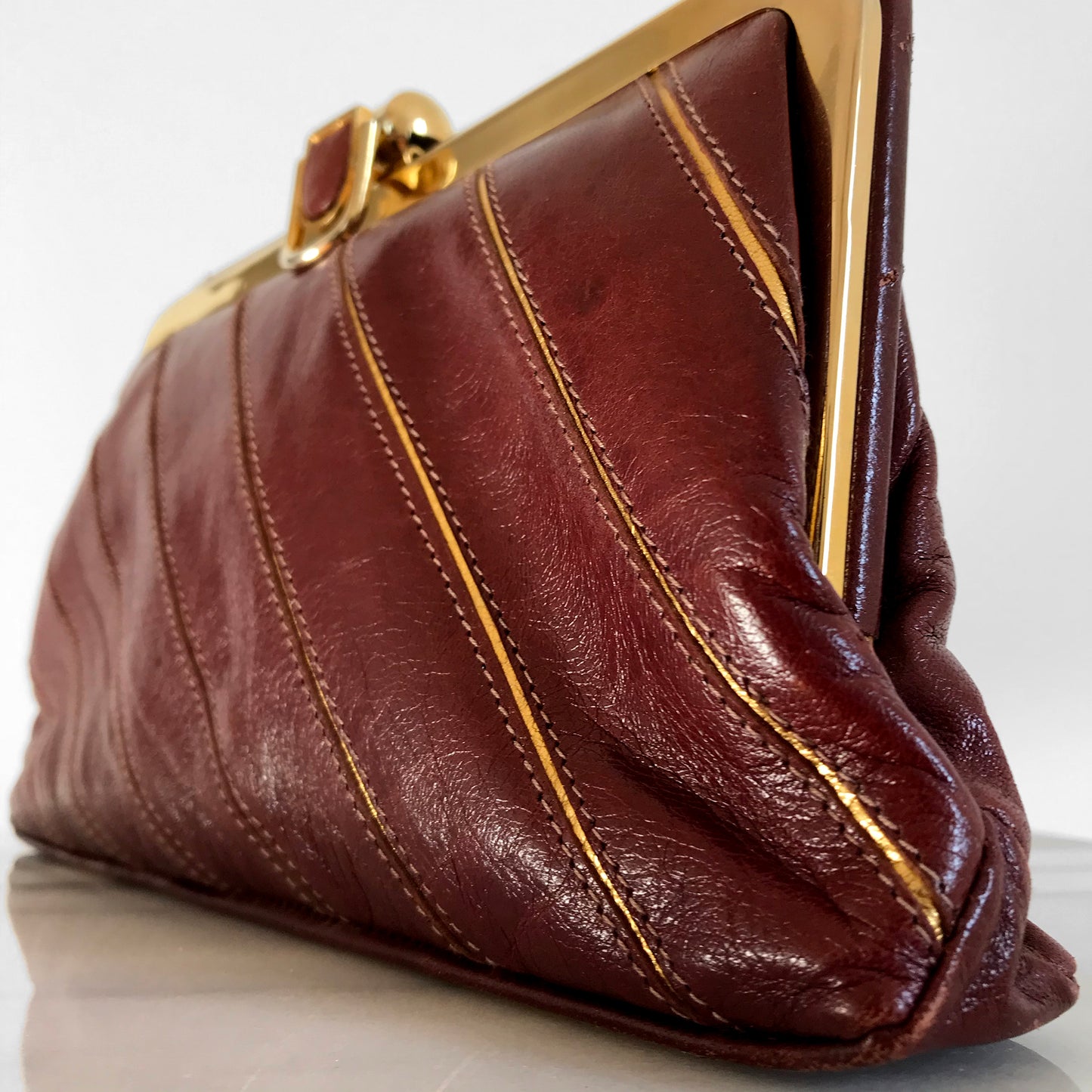 1970s Burgundy and Gold Striped Leather Wallet Clutch