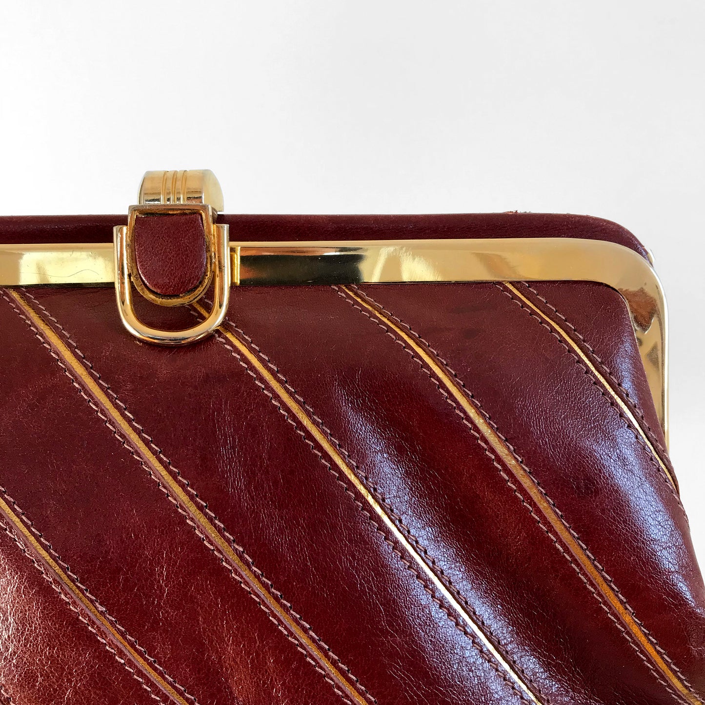 1970s Burgundy and Gold Striped Leather Wallet Clutch